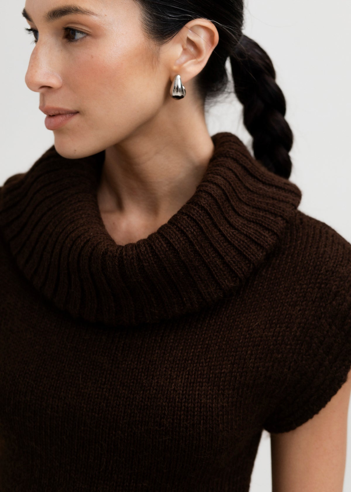 Luna Top in Chocolate Brown, baby alpaca knit top by Ahblo, worn by model