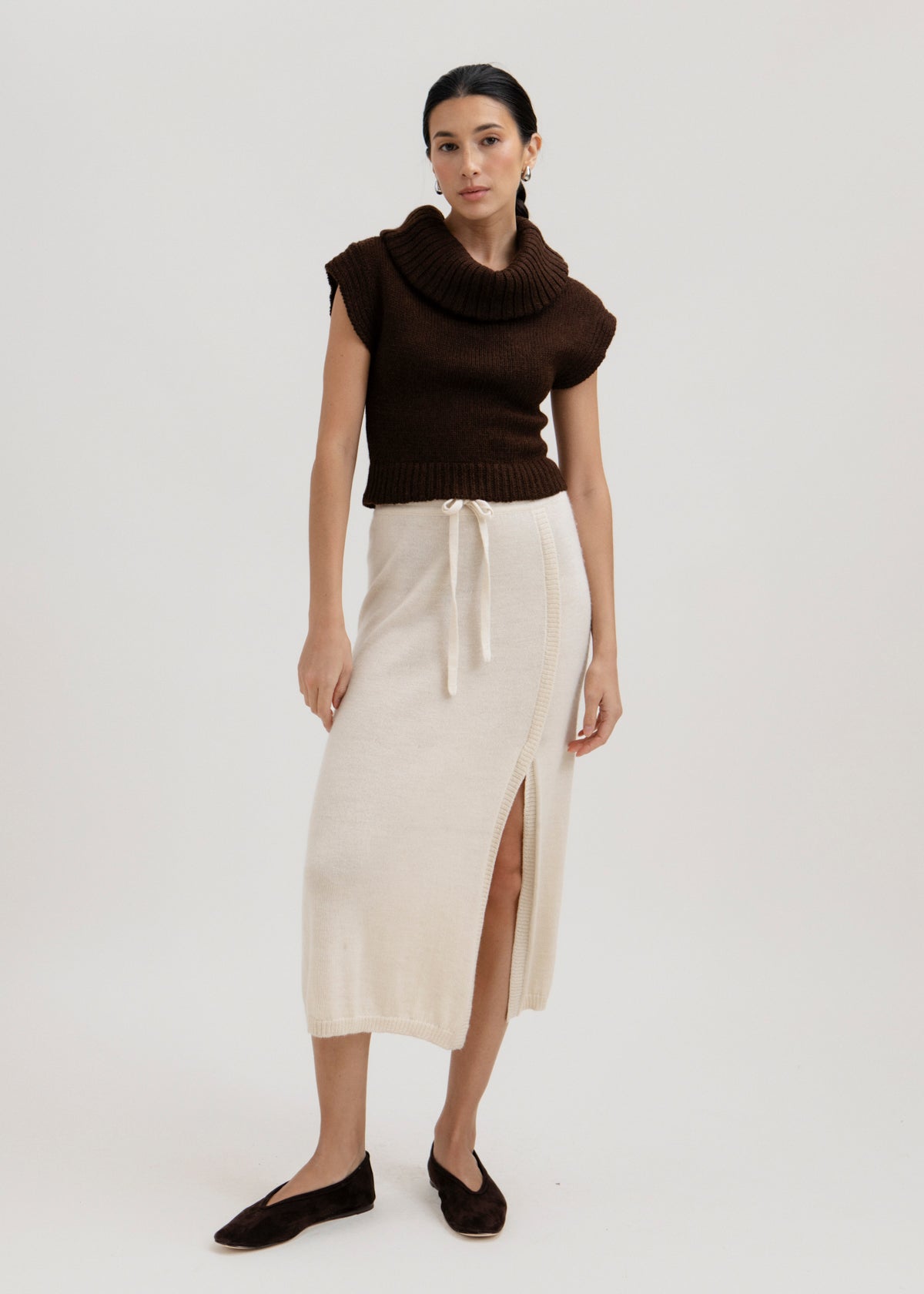 Luna Top in Chocolate Brown, baby alpaca knit top by Ahblo, worn by model