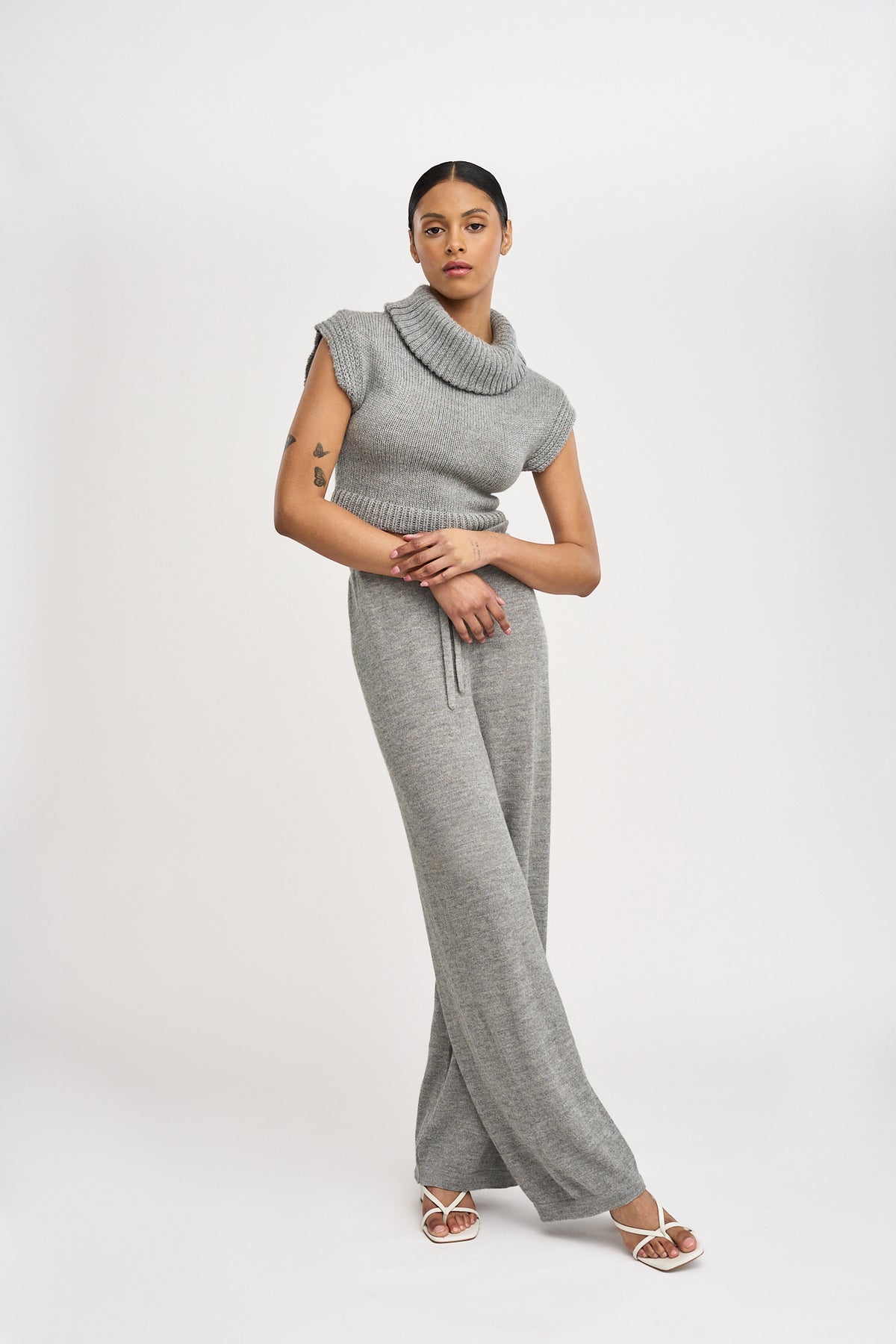 Luna Top in Mist Grey, baby alpaca knit top by Ahblo, front view