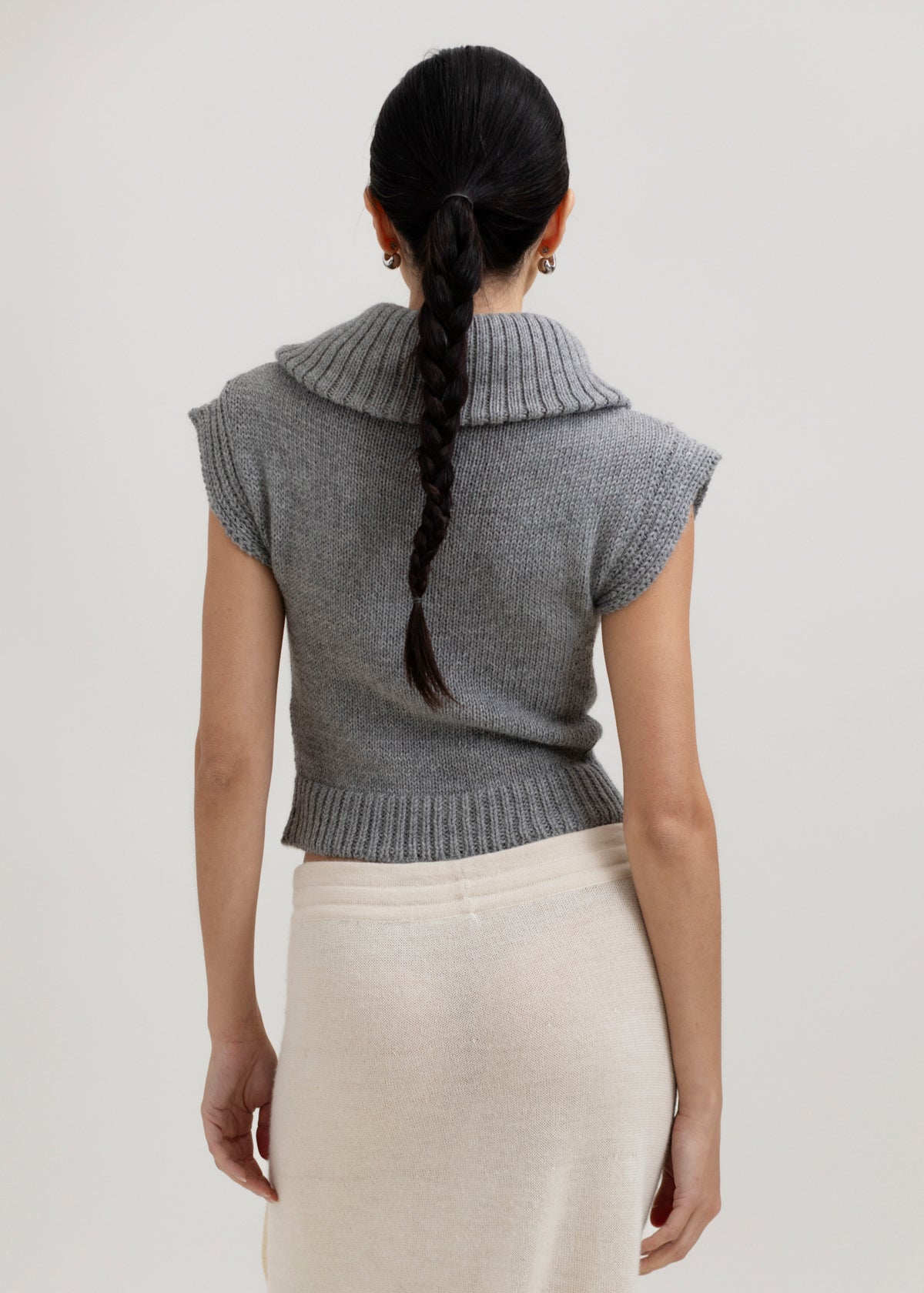 Luna Top in Mist Grey, baby alpaca knit top by Ahblo, worn by model