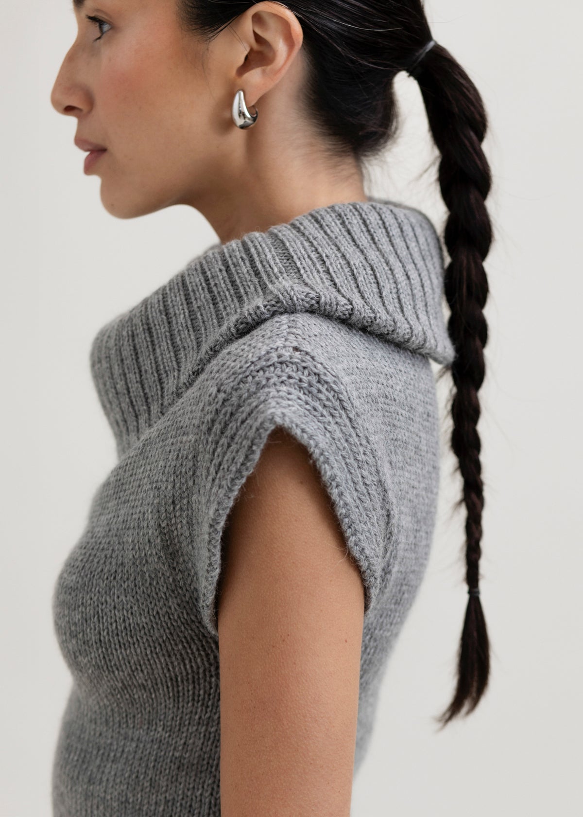 Luna Top in Mist Grey, baby alpaca knit top by Ahblo, worn by model