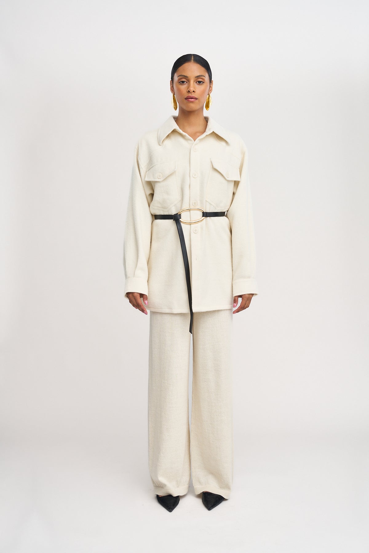 Noa Jacket in Cream, baby alpaca shirt jacket by Ahblo, front view