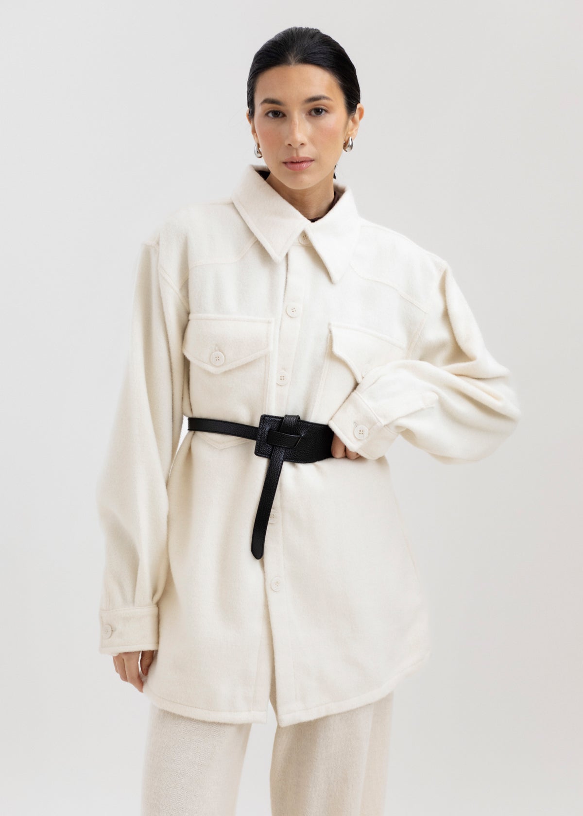 Noa Jacket in Cream, baby alpaca shirt jacket by Ahblo, worn by model