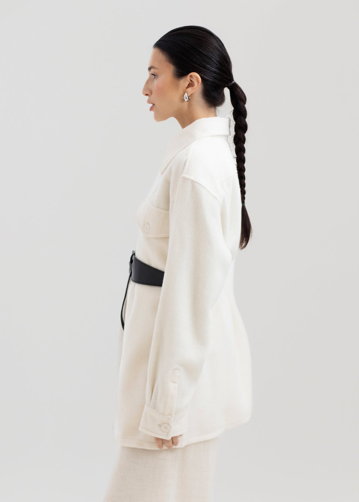 Noa Jacket in Cream, baby alpaca shirt jacket by Ahblo, worn by model