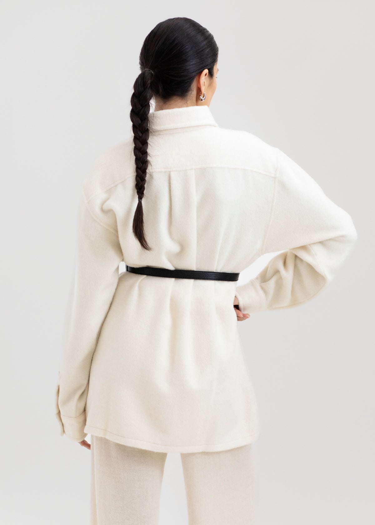 Noa Jacket in Cream, baby alpaca shirt jacket by Ahblo, worn by model