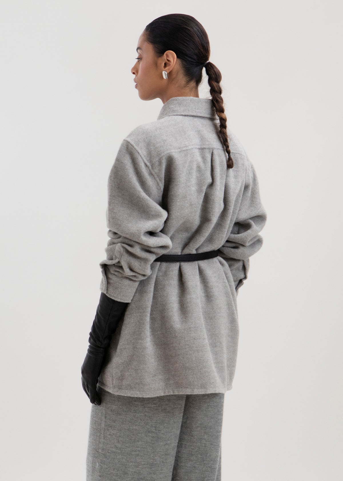 Noa Jacket in Mist Grey, baby alpaca shirt jacket by Ahblo, worn by model