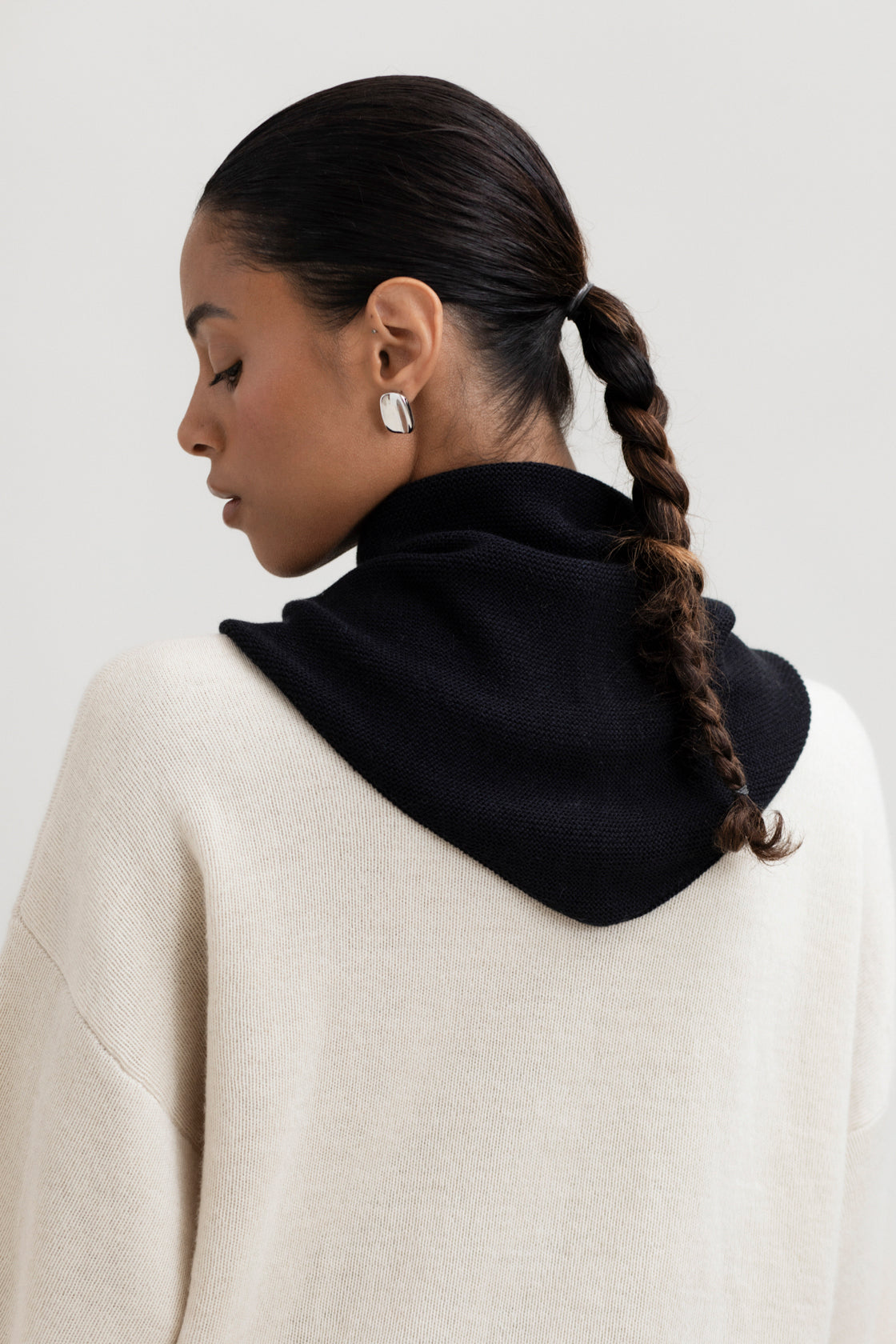 Nora Scarf in Black, cotton and baby alpaca triangle scarf by Ahblo, worn by model