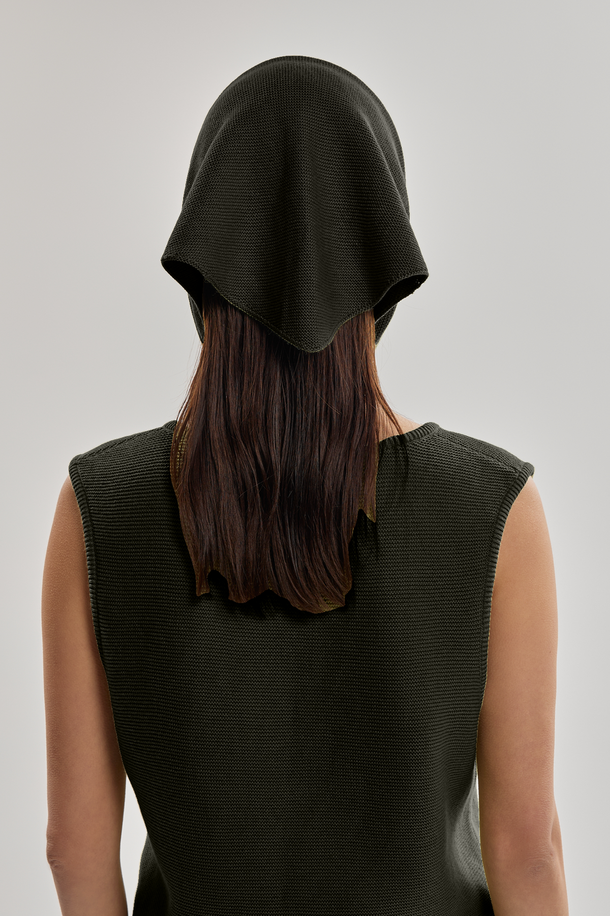Nora Scarf in Black, cotton and baby alpaca triangle scarf by Ahblo, worn by model