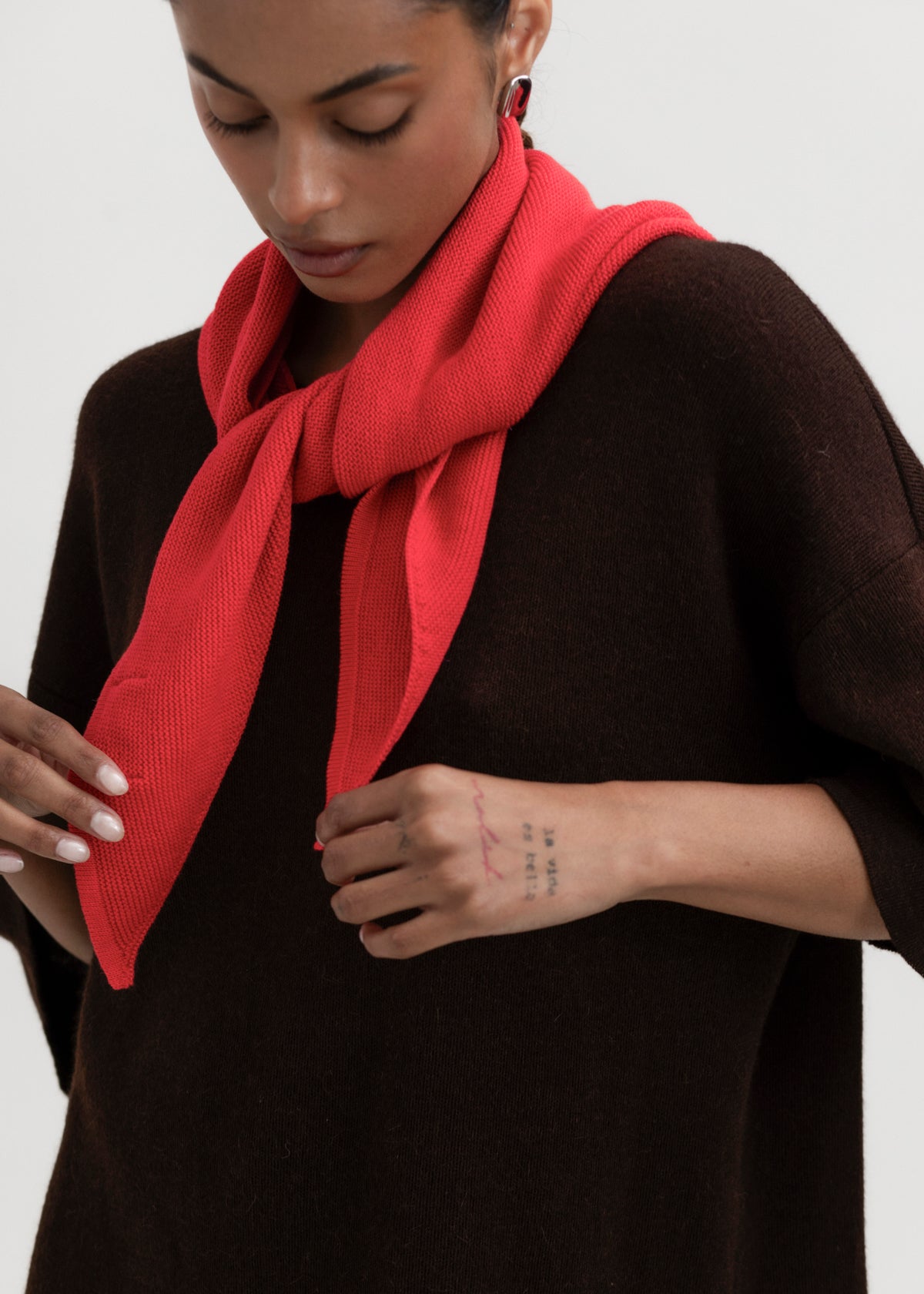 Nora Scarf in Cerise, cotton and baby alpaca triangle scarf by Ahblo, worn by model
