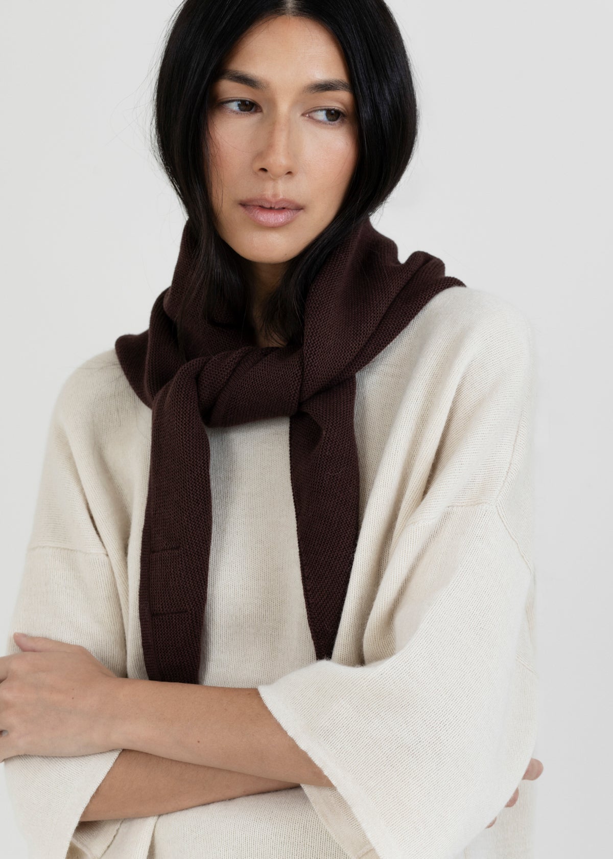 Nora Scarf in Chocolate Brown, cotton and baby alpaca triangle scarf by Ahblo, worn by model