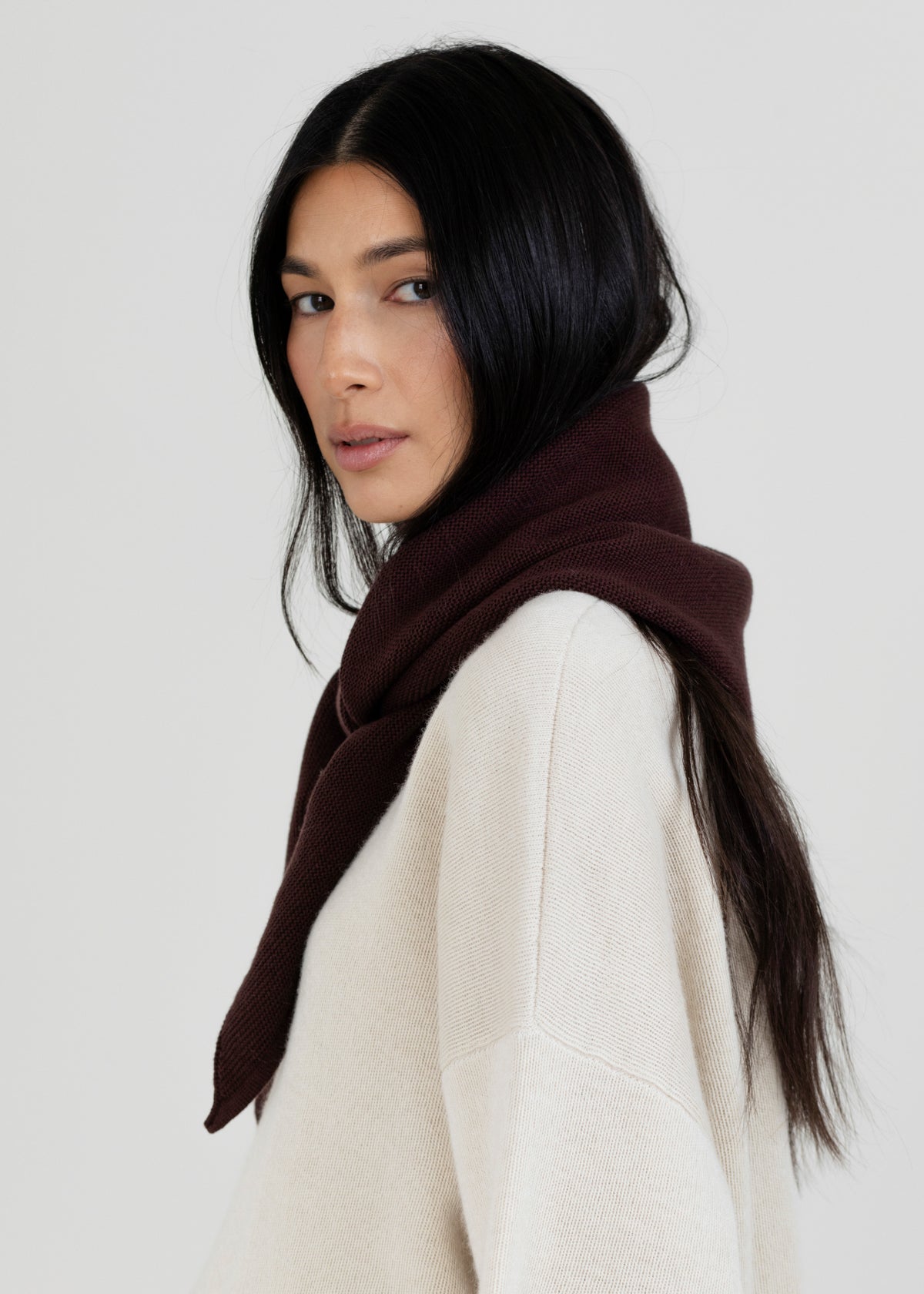 Nora Scarf in Chocolate Brown, cotton and baby alpaca triangle scarf by Ahblo, worn by model