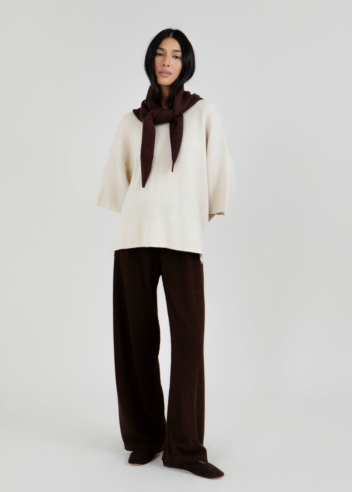 Nora Scarf in Chocolate Brown, cotton and baby alpaca triangle scarf by Ahblo, worn by model