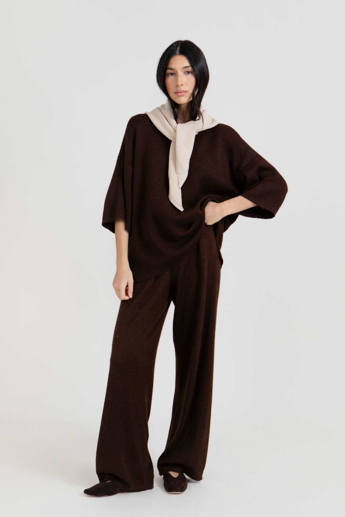 Nora Scarf in Praline, cotton and baby alpaca triangle scarf by Ahblo, worn by model
