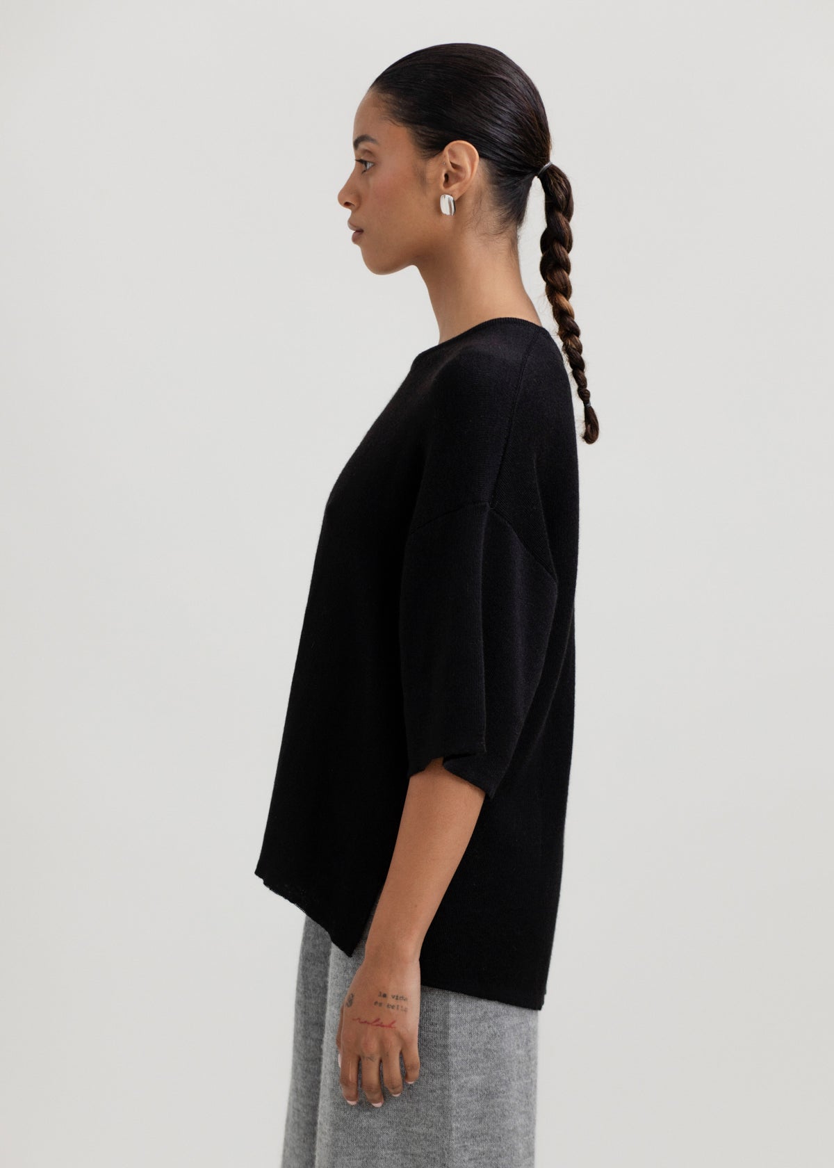 Solace Tee Sweater in Black, alpaca tee sweater by Ahblo, worn by model