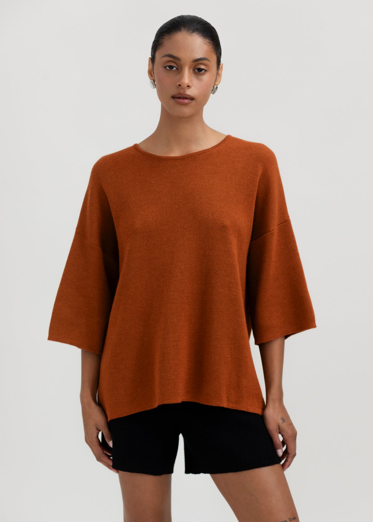 Solace Tee Sweater in Burnt Orange, alpaca tee sweater by Ahblo, worn by model