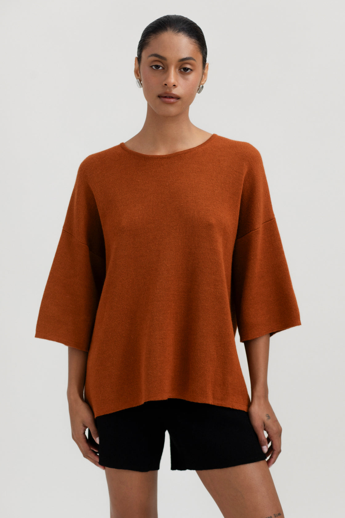 Solace Tee Sweater in Burnt Orange, alpaca tee sweater by Ahblo, worn by model