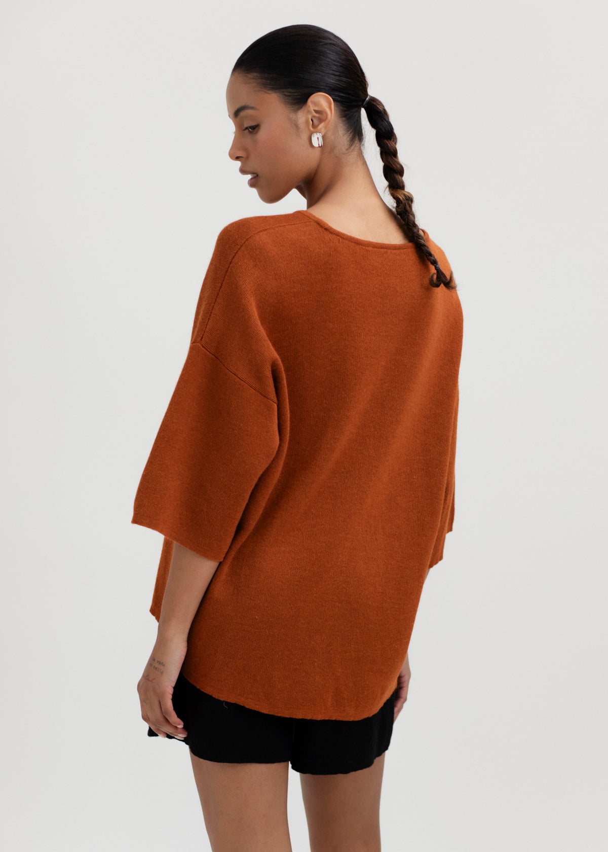 Solace Tee Sweater in Burnt Orange, alpaca tee sweater by Ahblo, worn by model
