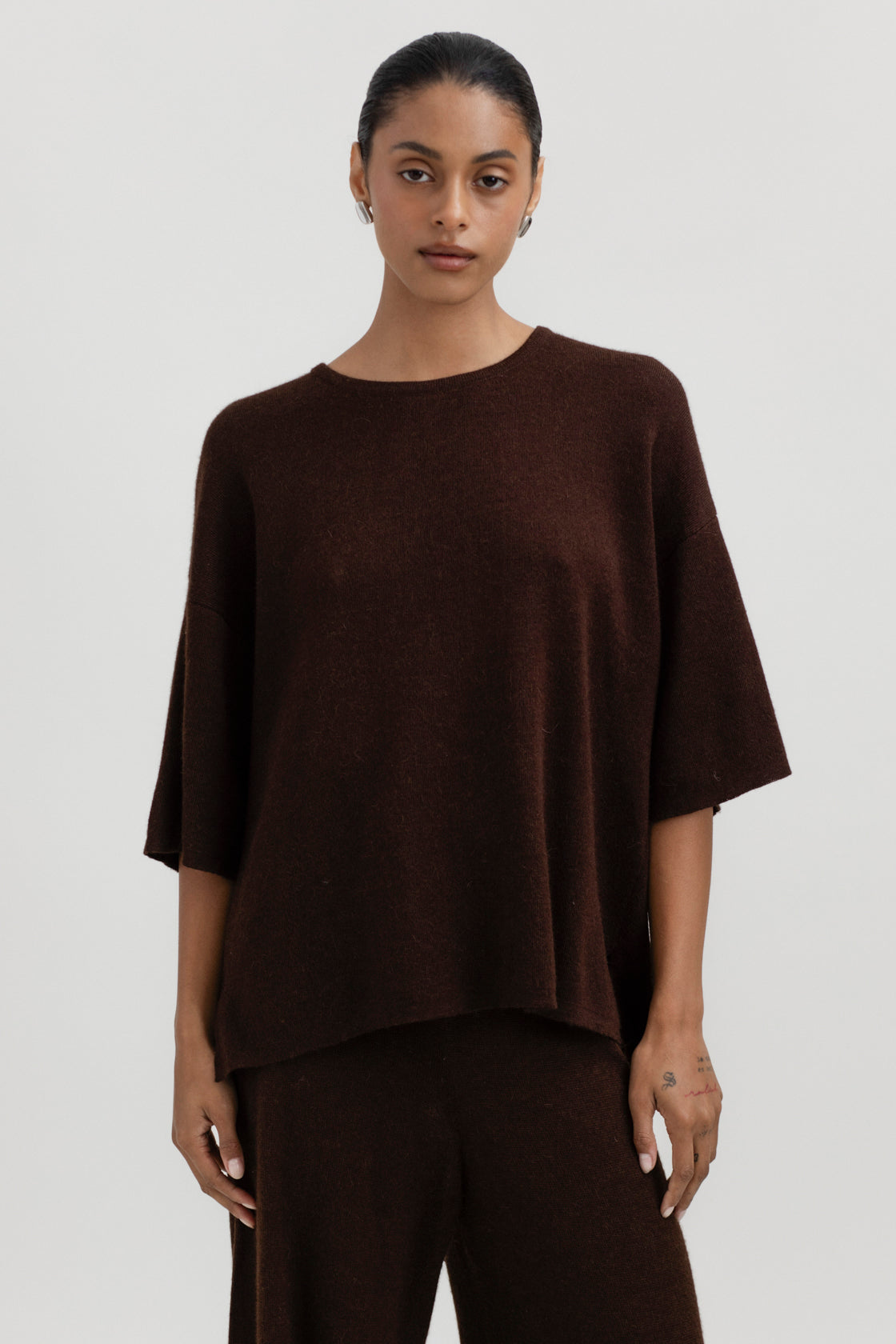 Solace Tee Sweater in Chocolate Brown, alpaca tee sweater by Ahblo, worn by model