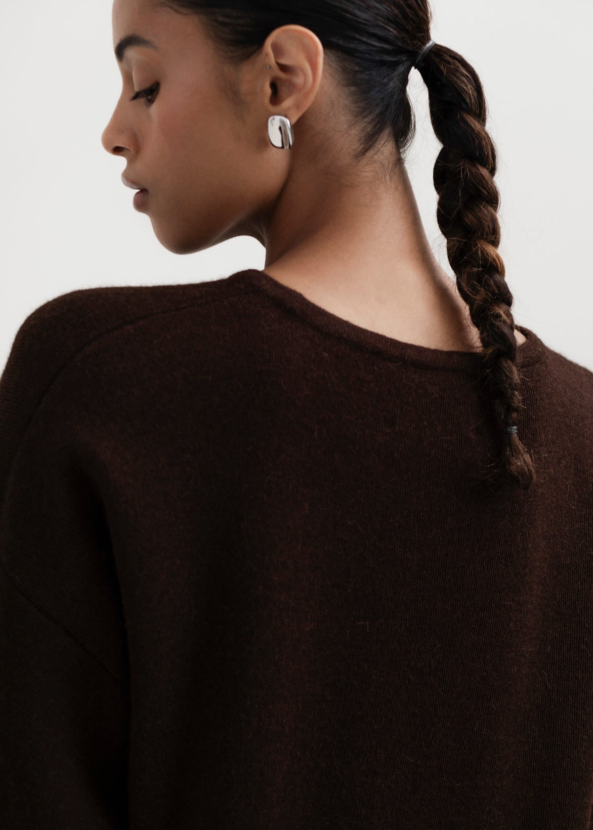 Solace Tee Sweater in Chocolate Brown, alpaca tee sweater by Ahblo, worn by model