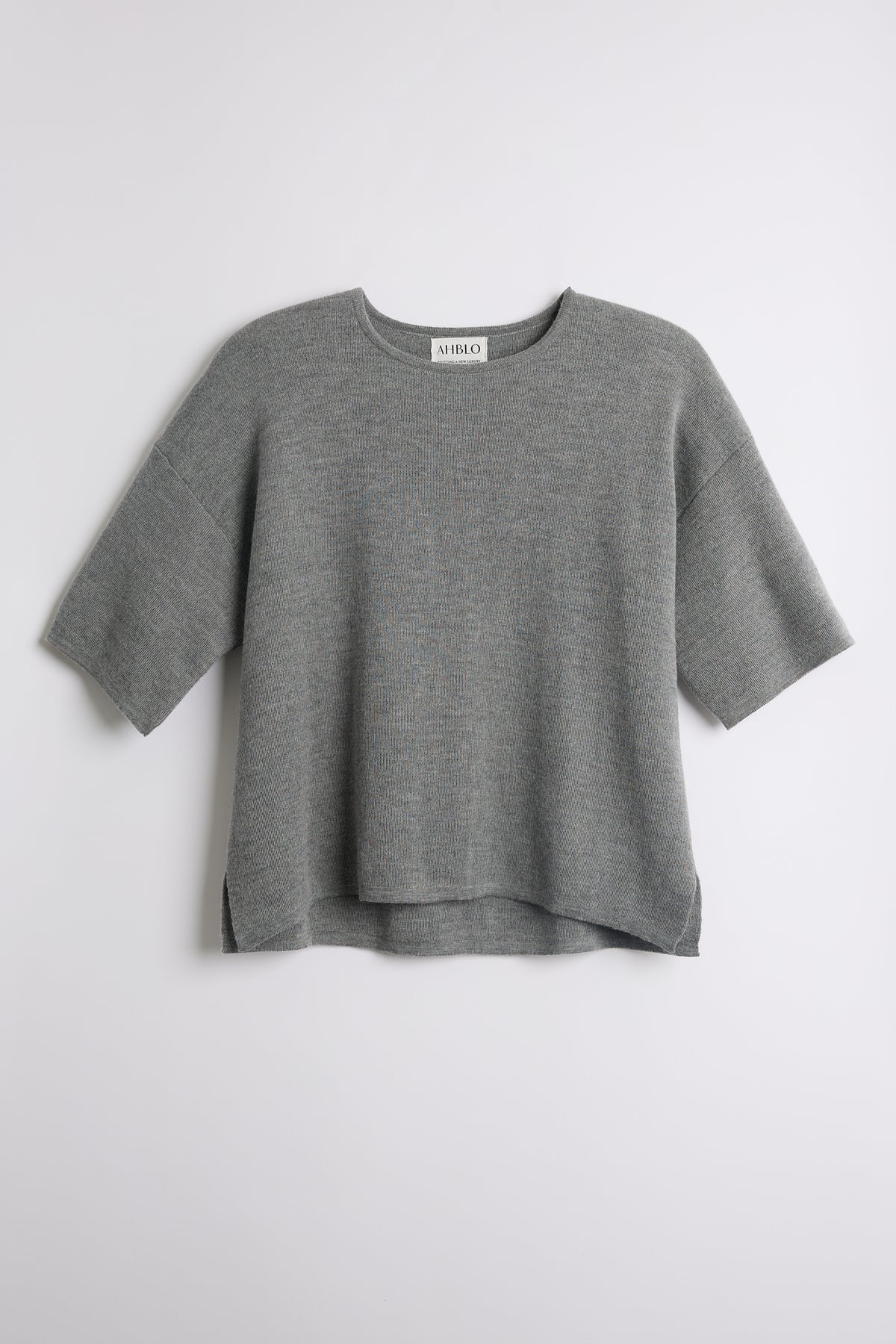 Solace Tee Sweater in Mist, alpaca tee sweater by Ahblo, worn by model