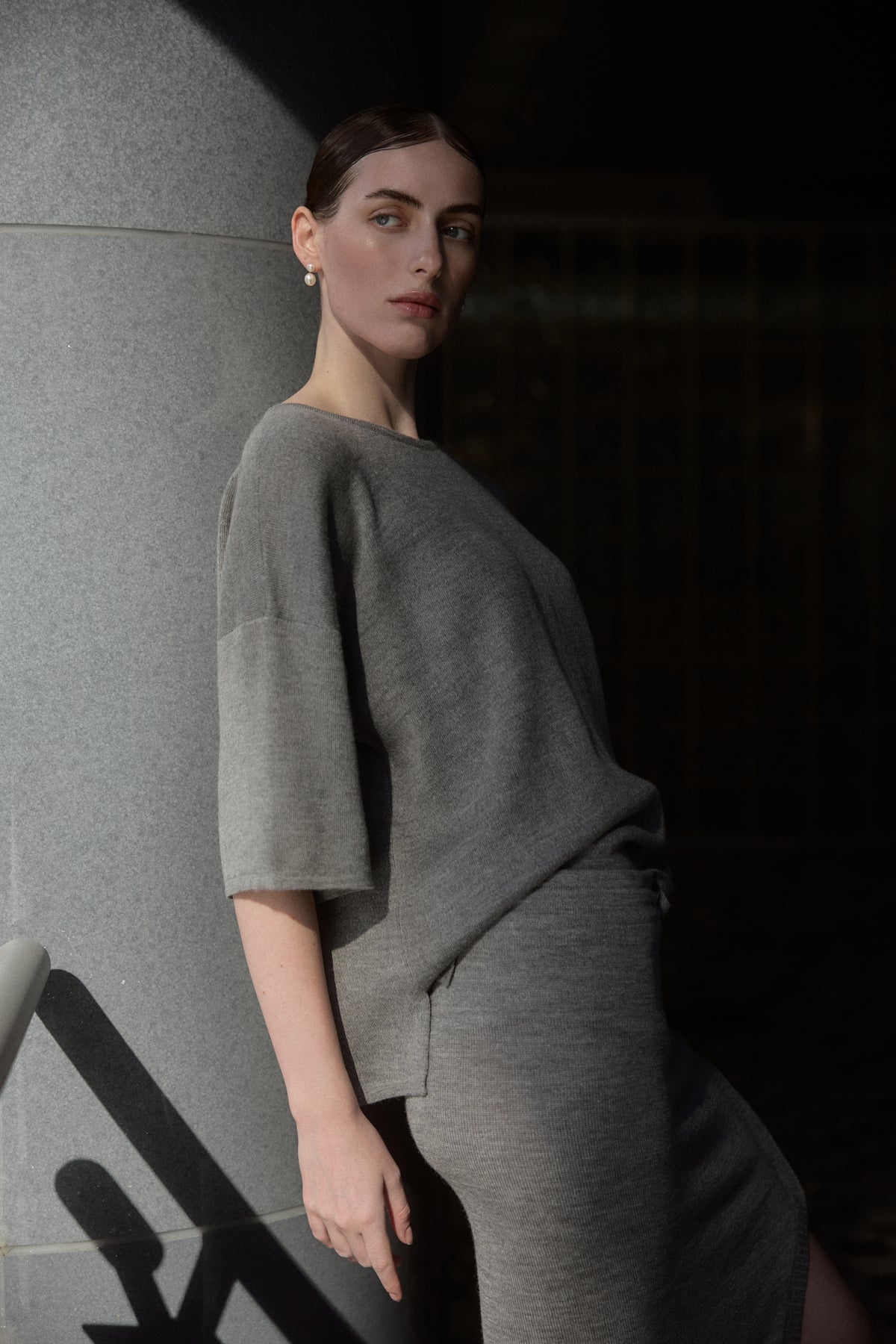 Solace Tee Sweater in Mist, alpaca tee sweater by Ahblo, worn by model