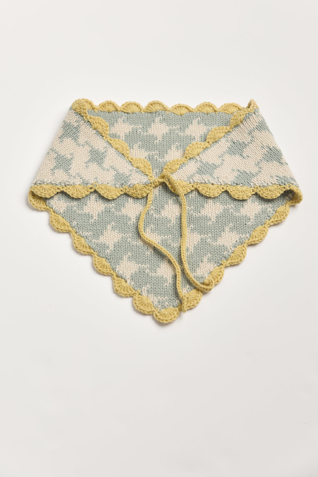 Tessa Scarf in Sage, reversible houndstooth baby alpaca triangle scarf by Ahblo, flat lay