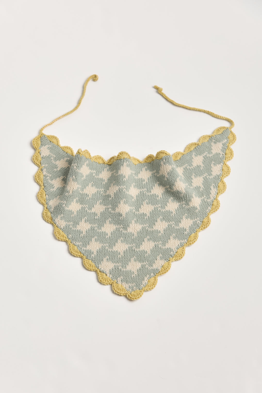 Tessa Scarf in Sage, reversible houndstooth baby alpaca triangle scarf by Ahblo, flat lay