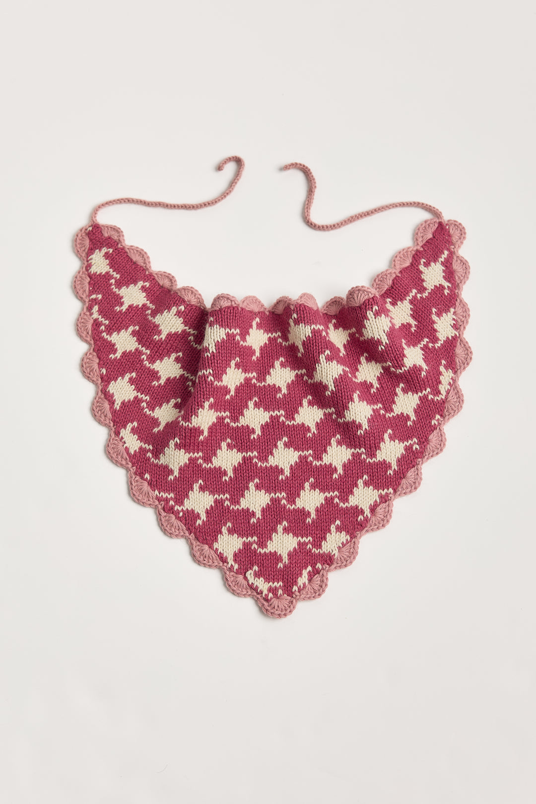 Tessa Scarf in Wild Rose, reversible houndstooth baby alpaca triangle scarf by Ahblo, flat lay