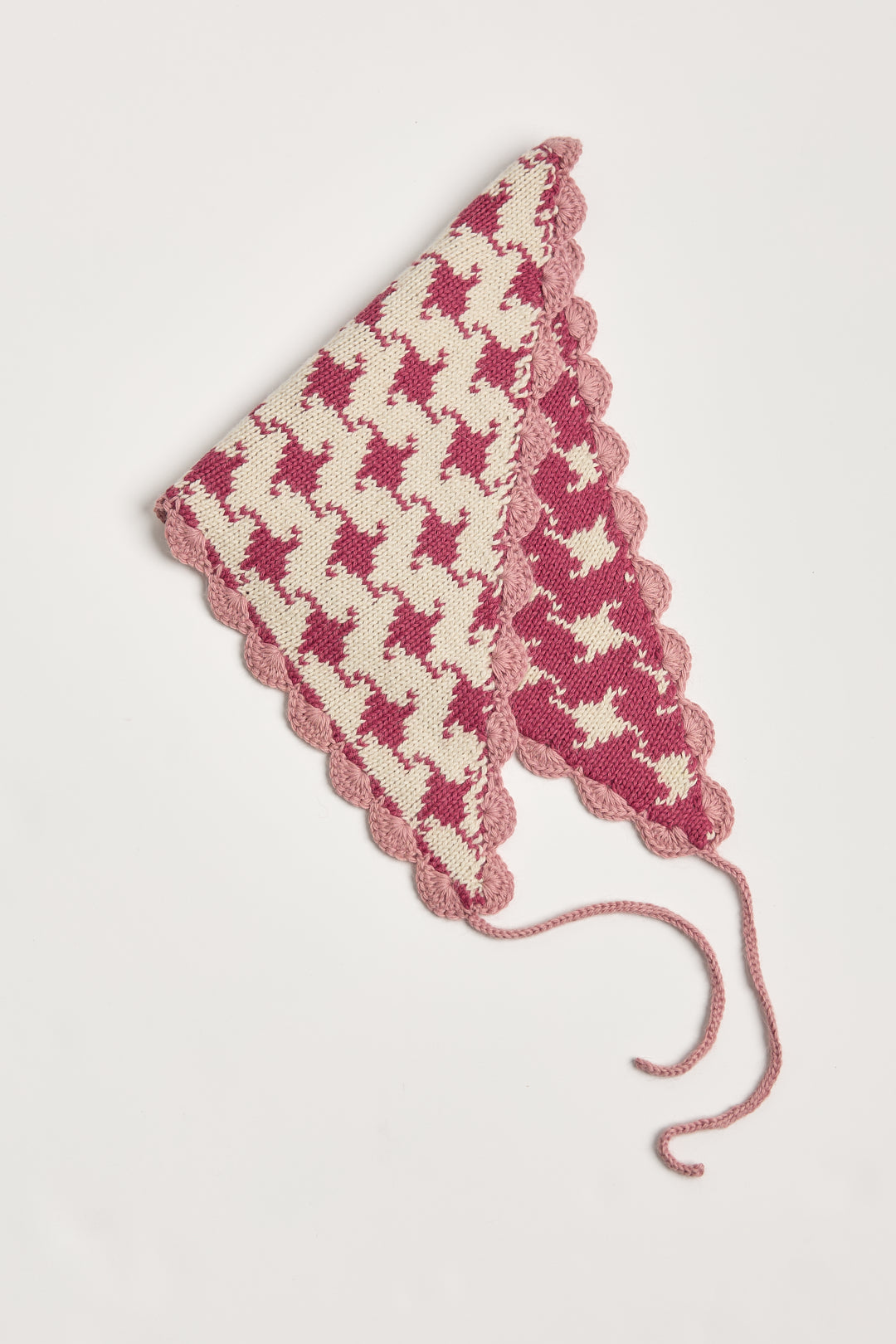 Tessa Scarf in Wild Rose, reversible houndstooth baby alpaca triangle scarf by Ahblo, flat lay