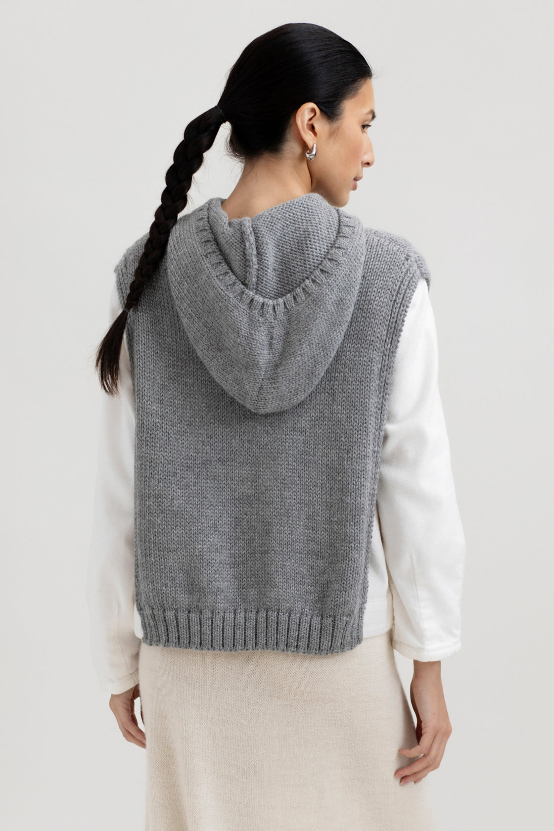 Tofino Poncho in Mist Grey, baby alpaca mini poncho by Ahblo, worn by model