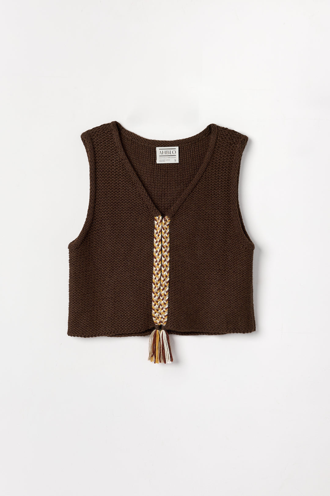 Vela Braid Vest in Chocolate Brown, baby alpaca knit vest with hand-braided trim by Ahblo, flat lay