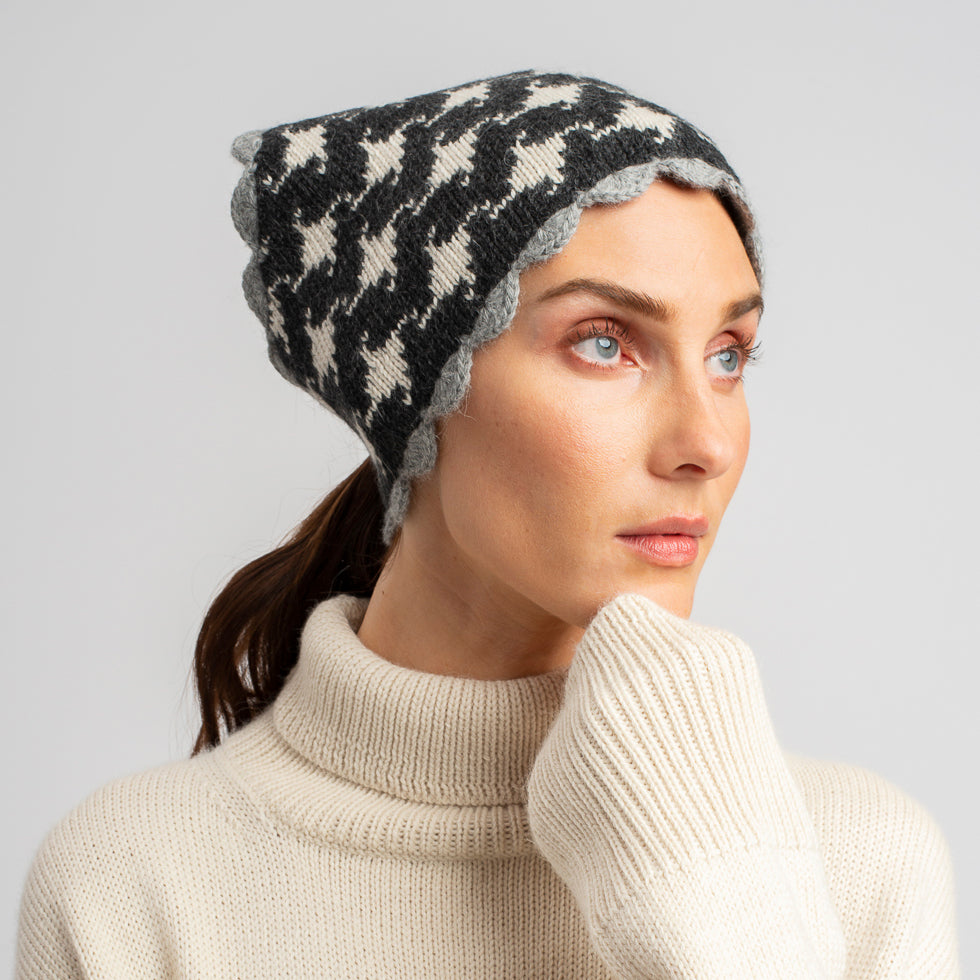 Woman wearing White & Grey Knit Headscarf