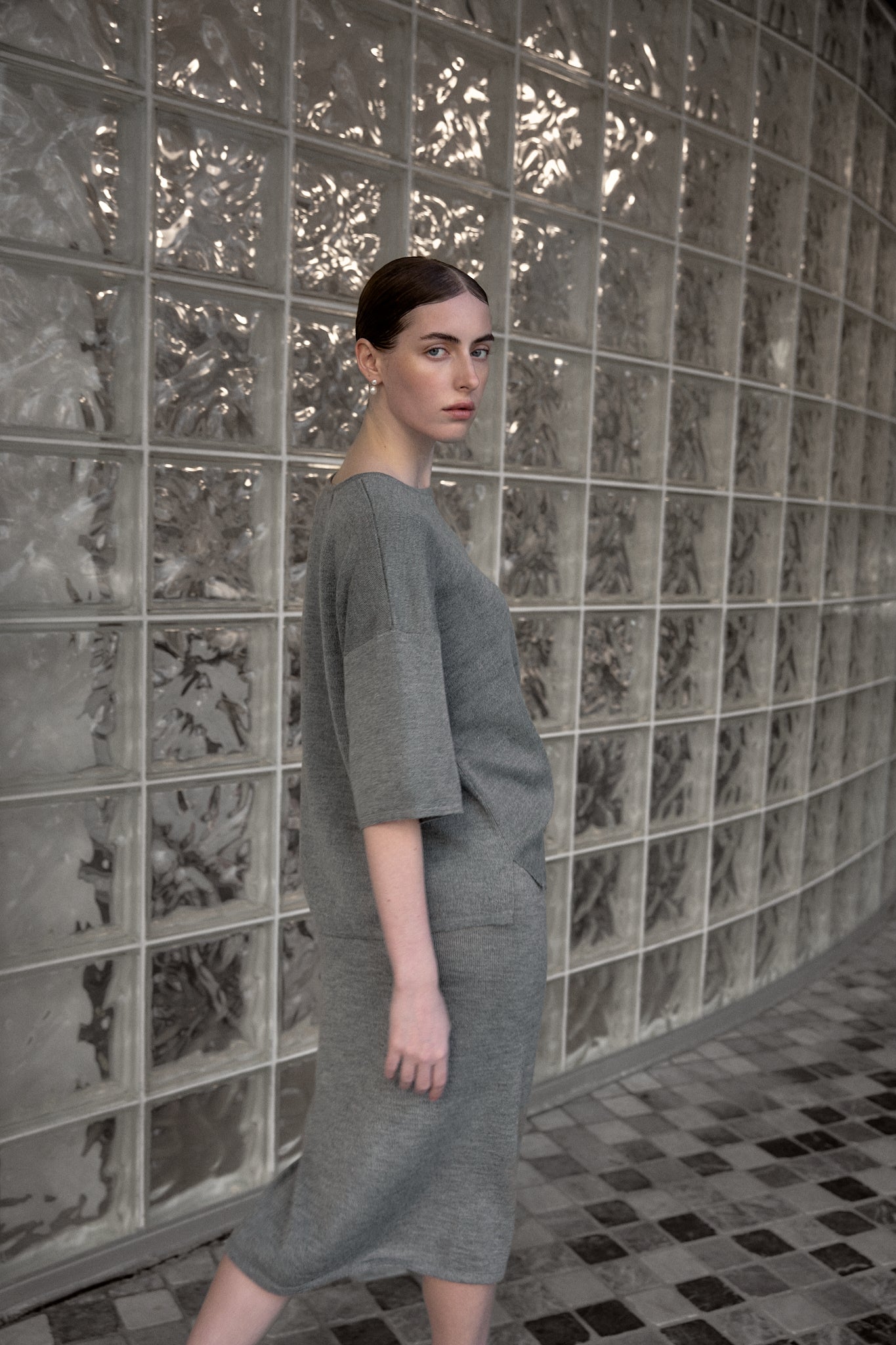 The Royal Elise Midi Skirt in Mist Grey