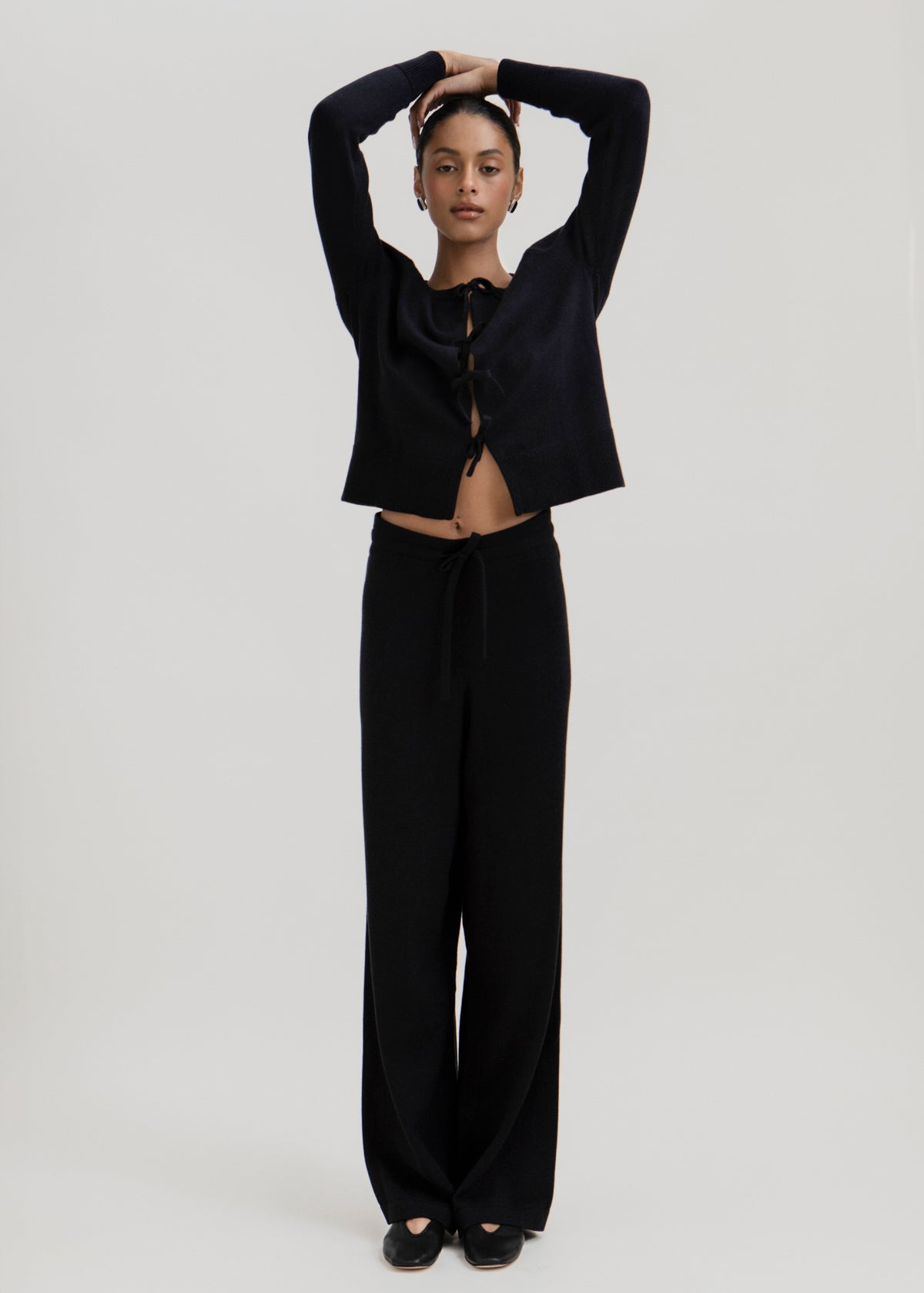 Alba Pants in Black, cotton and baby alpaca wide-leg pants by Ahblo, worn by model