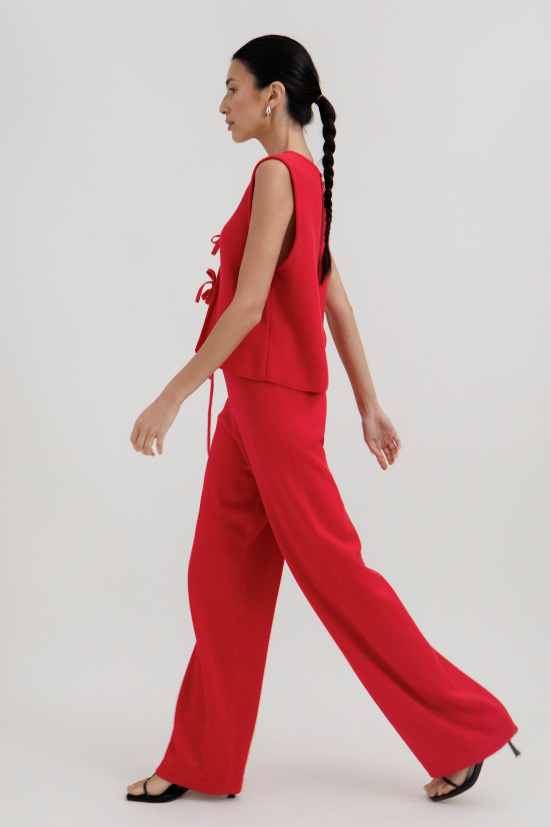 Alba Pants in Cerise, cotton and baby alpaca wide-leg pants by Ahblo, worn by model