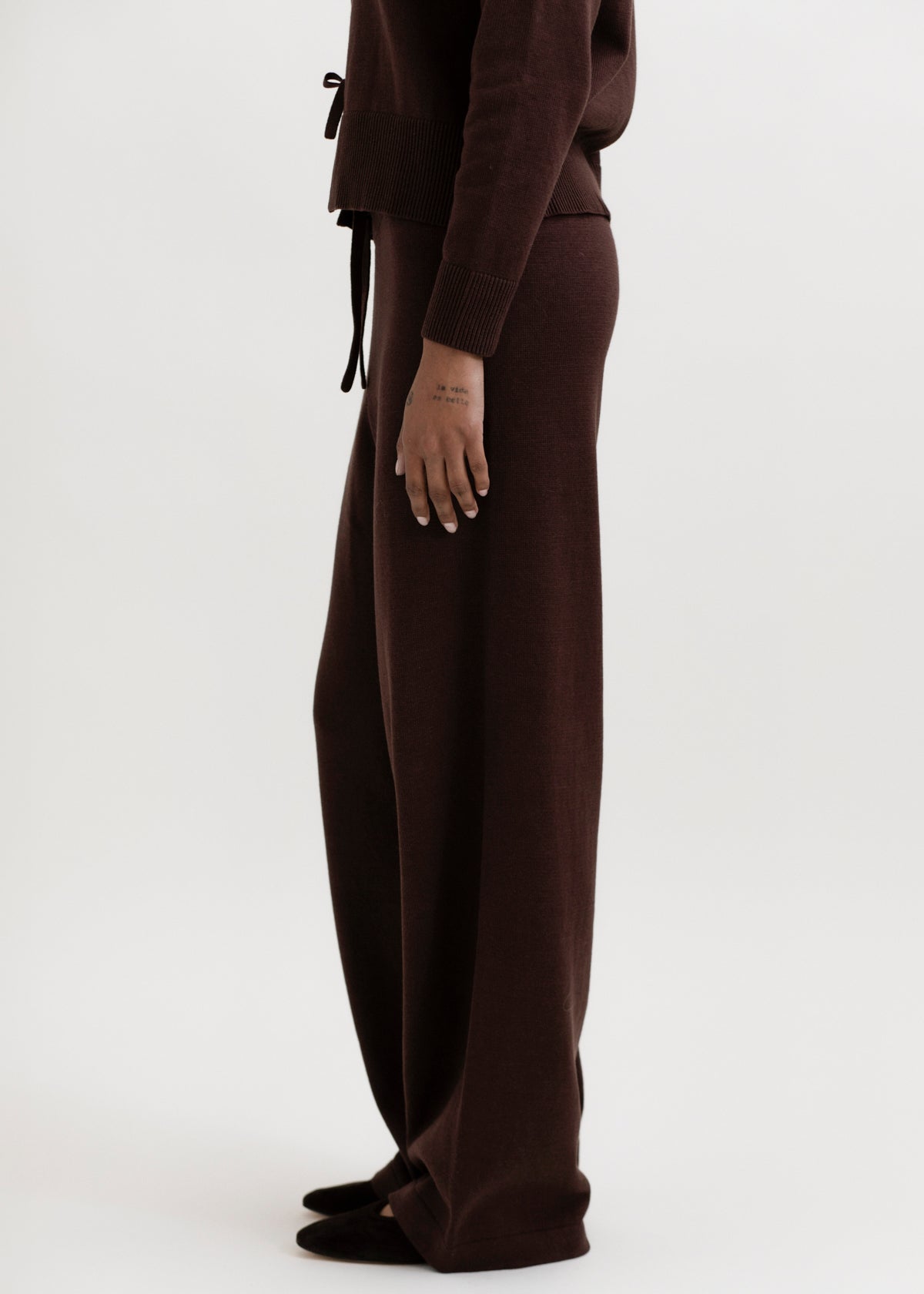 Alba Pants in Chocolate Brown, cotton and baby alpaca wide-leg pants by Ahblo, worn by model