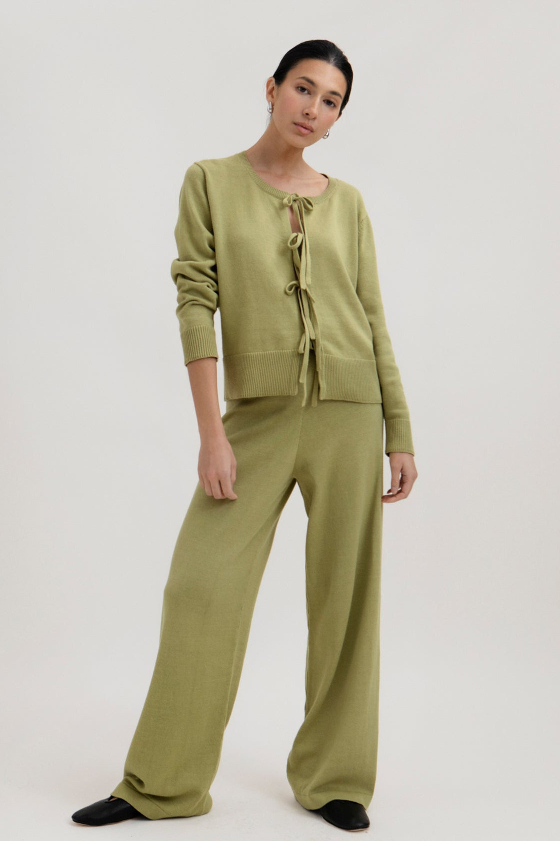 Alba Pants in Olive, cotton and baby alpaca wide-leg pants by Ahblo, worn by model