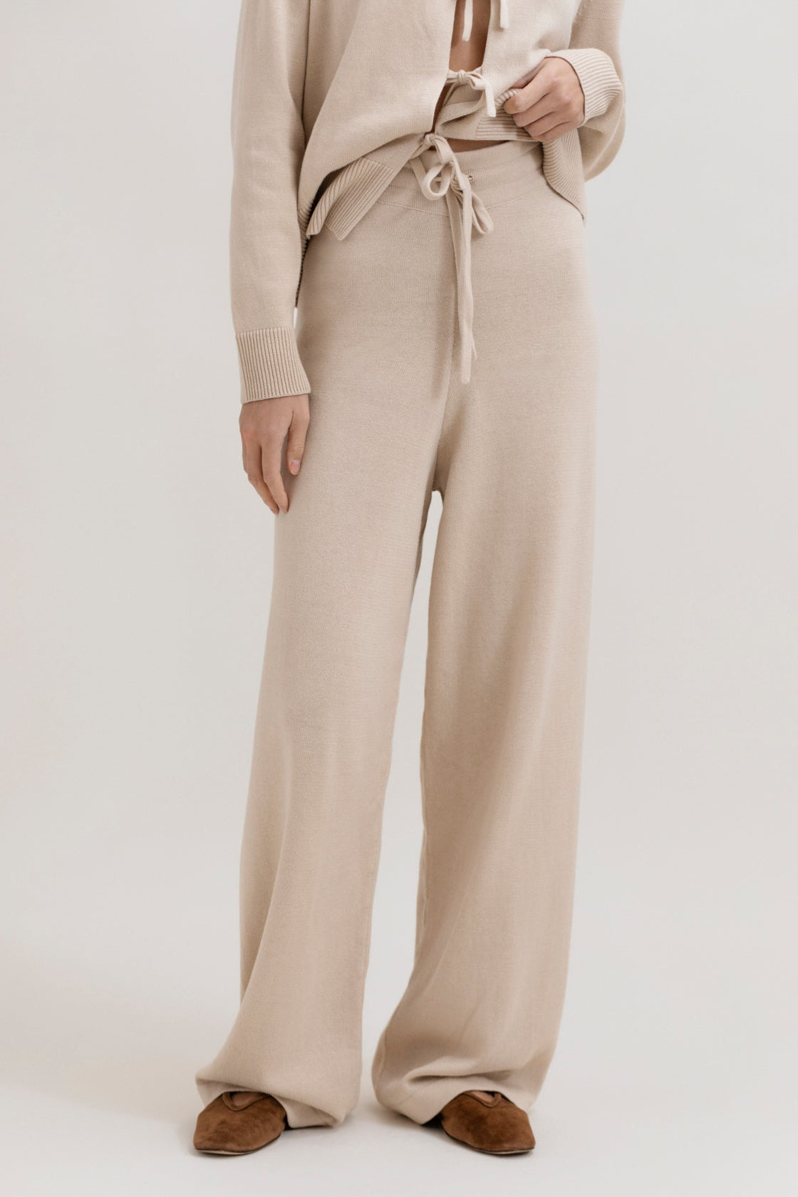 Alba Pants in Praline, cotton and baby alpaca wide-leg pants by Ahblo, worn by model