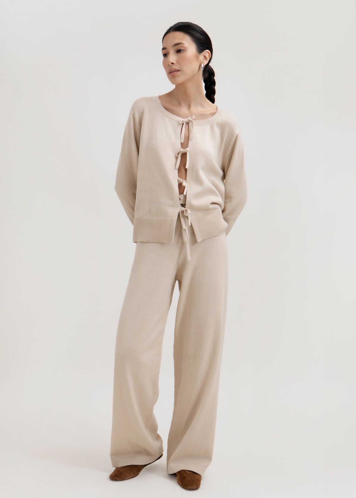 Alba Pants in Praline, cotton and baby alpaca wide-leg pants by Ahblo, worn by model