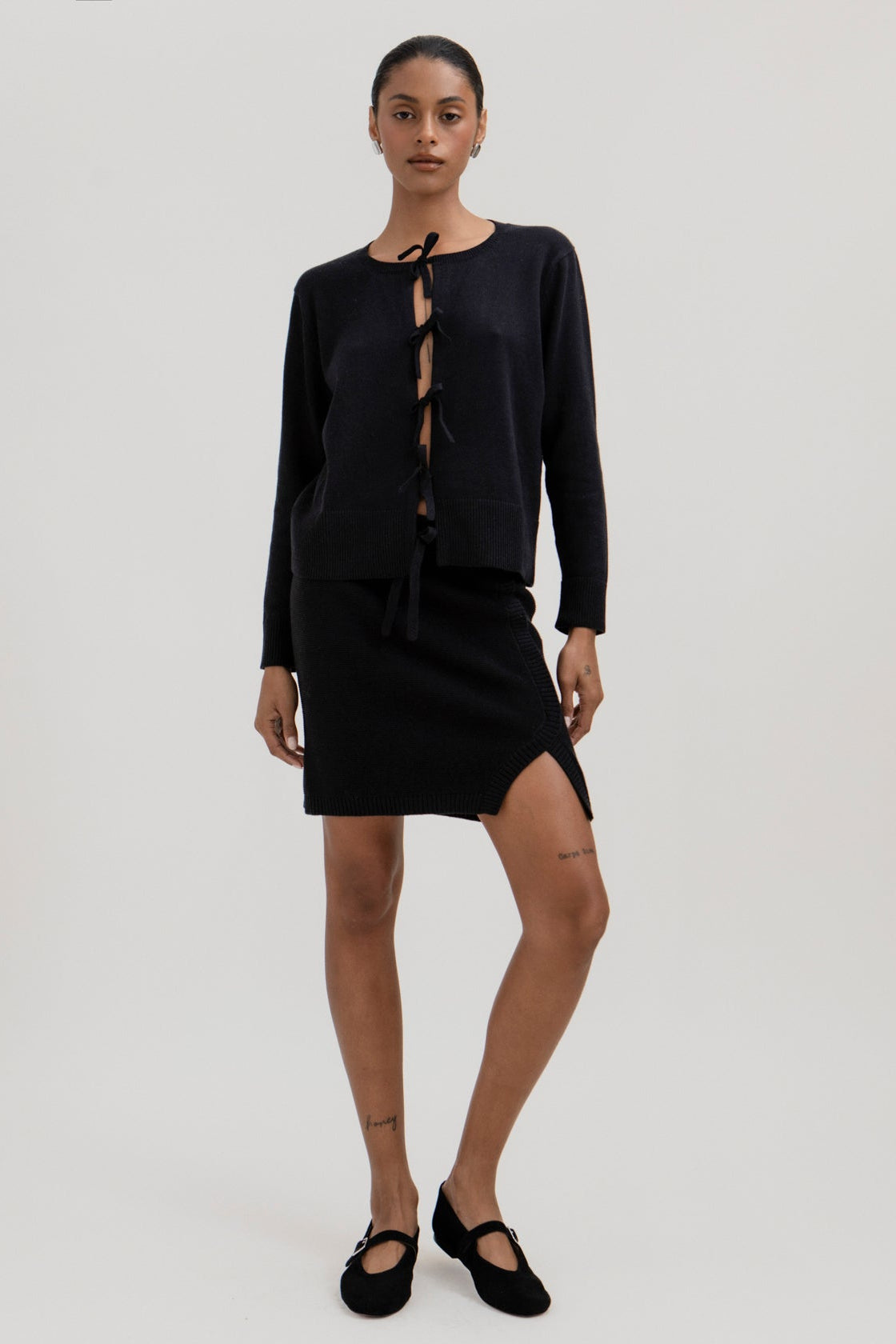 Alin Mini Skirt in Black, cotton and baby alpaca mini skirt by Ahblo, worn by model