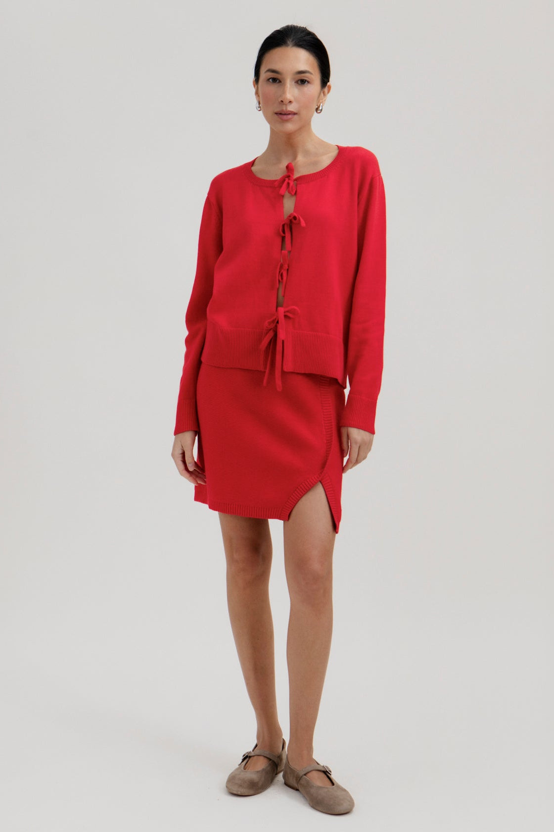 Alin Mini Skirt in Cerise, cotton and baby alpaca mini skirt by Ahblo, worn by model