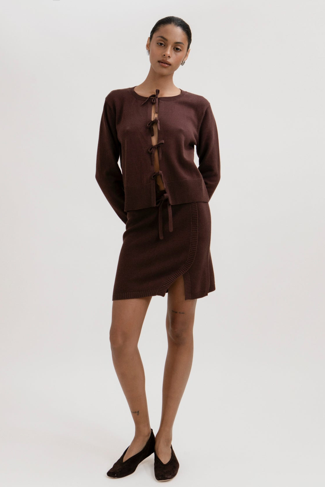 Alin Mini Skirt in Chocolate Brown, cotton and baby alpaca mini skirt by Ahblo, worn by model