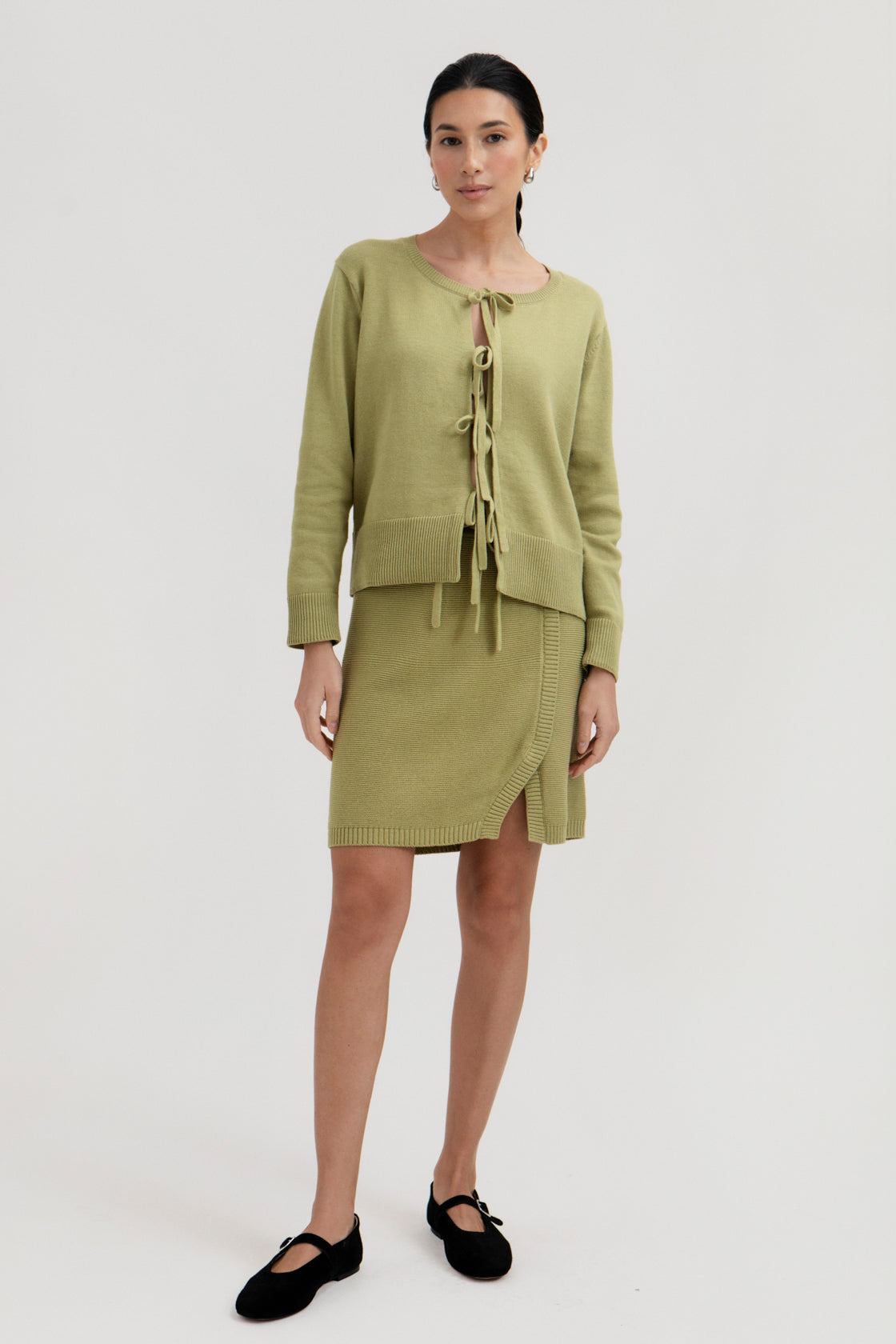 Alin Mini Skirt in Olive, cotton and baby alpaca mini skirt by Ahblo, worn by model