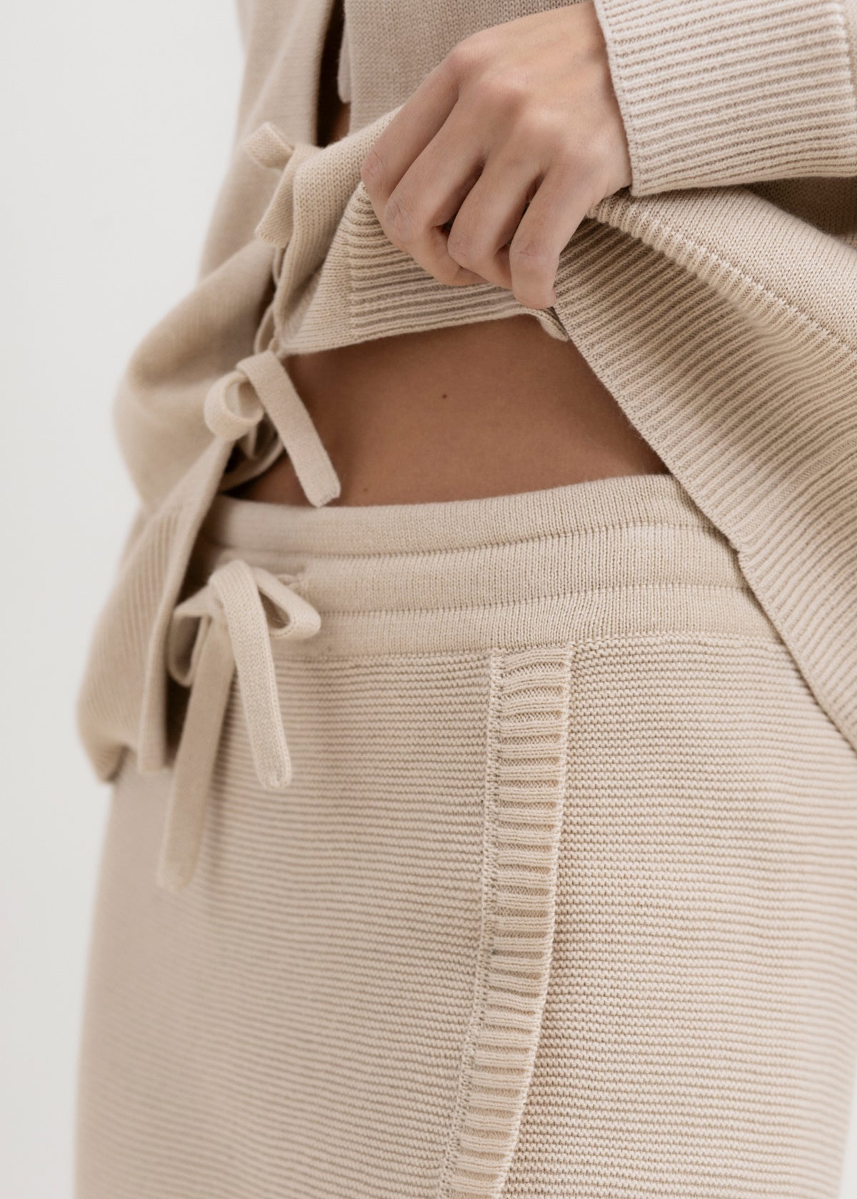 Alin Mini Skirt in Praline, cotton and baby alpaca mini skirt by Ahblo, worn by model