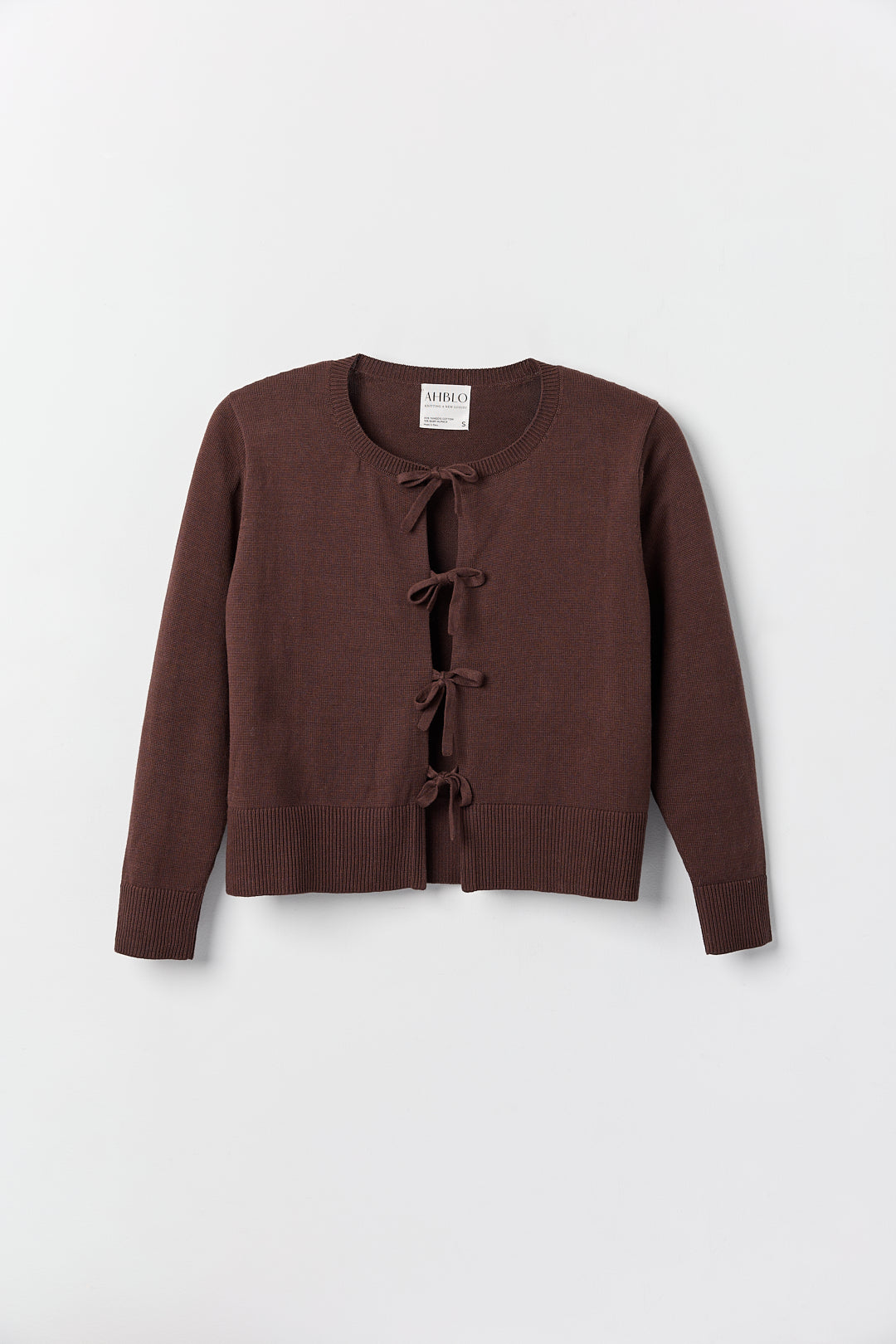 Amaya Cardigan in Chocolate Brown, cotton and baby alpaca bow cardigan by Ahblo, flat lay