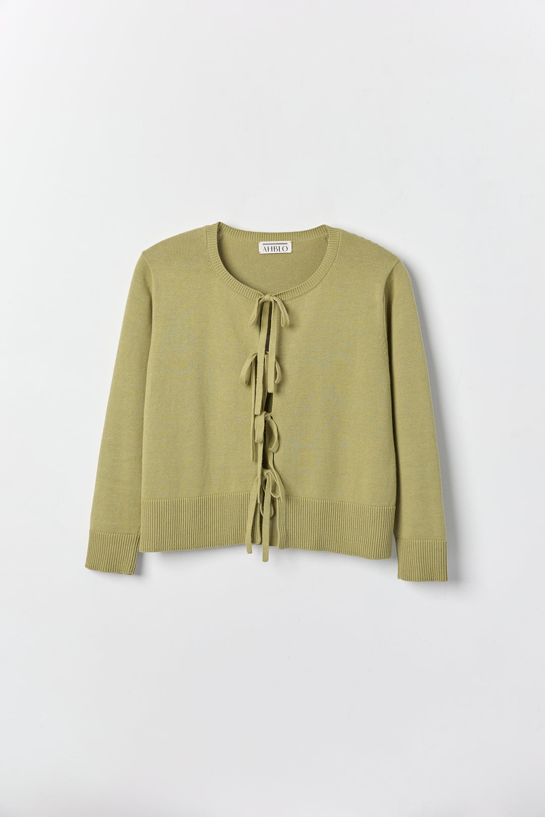 Amaya Cardigan in Olive, cotton and baby alpaca bow cardigan by Ahblo, flat lay