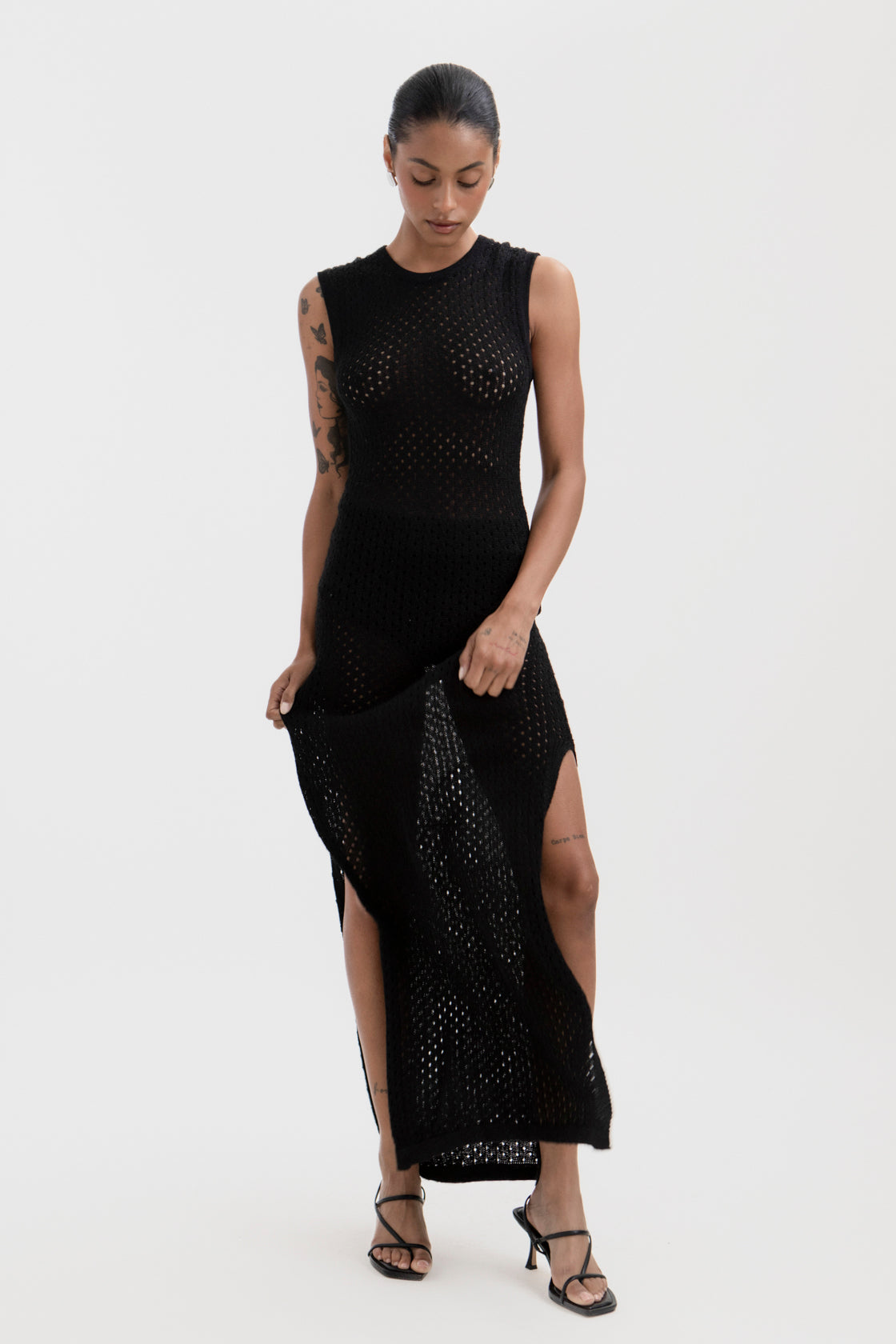Aurora Dress in Black, baby alpaca knit maxi dress by Ahblo, worn by model