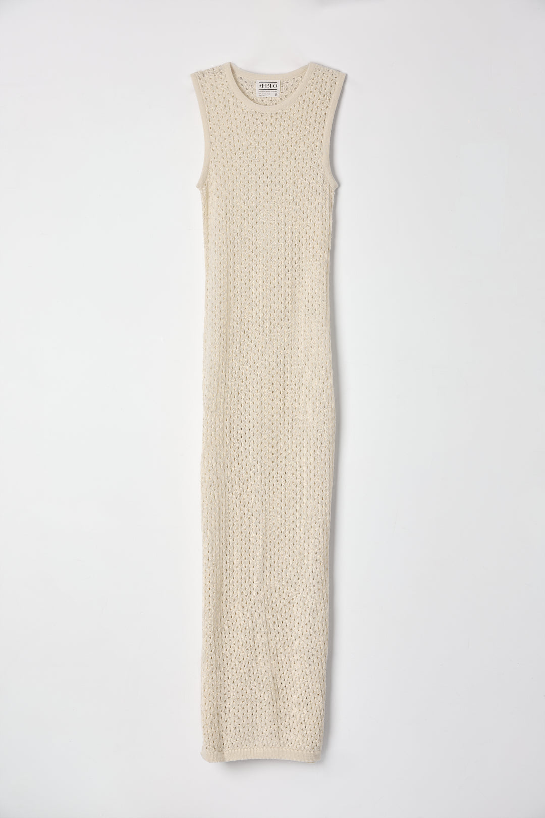 Aurora Dress in Cream, baby alpaca knit maxi dress by Ahblo, flat lay