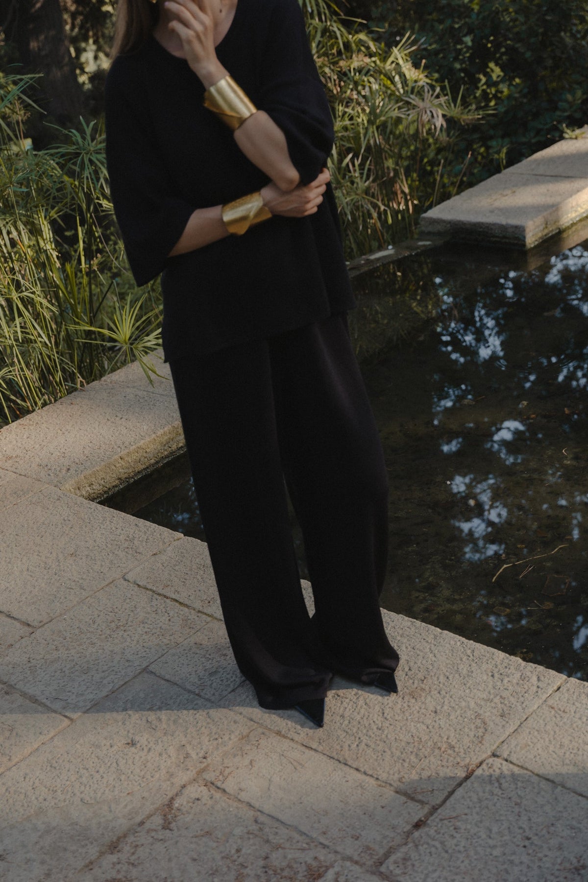 Avery Trousers in Black, baby alpaca wide-leg knit trousers by Ahblo, close-up