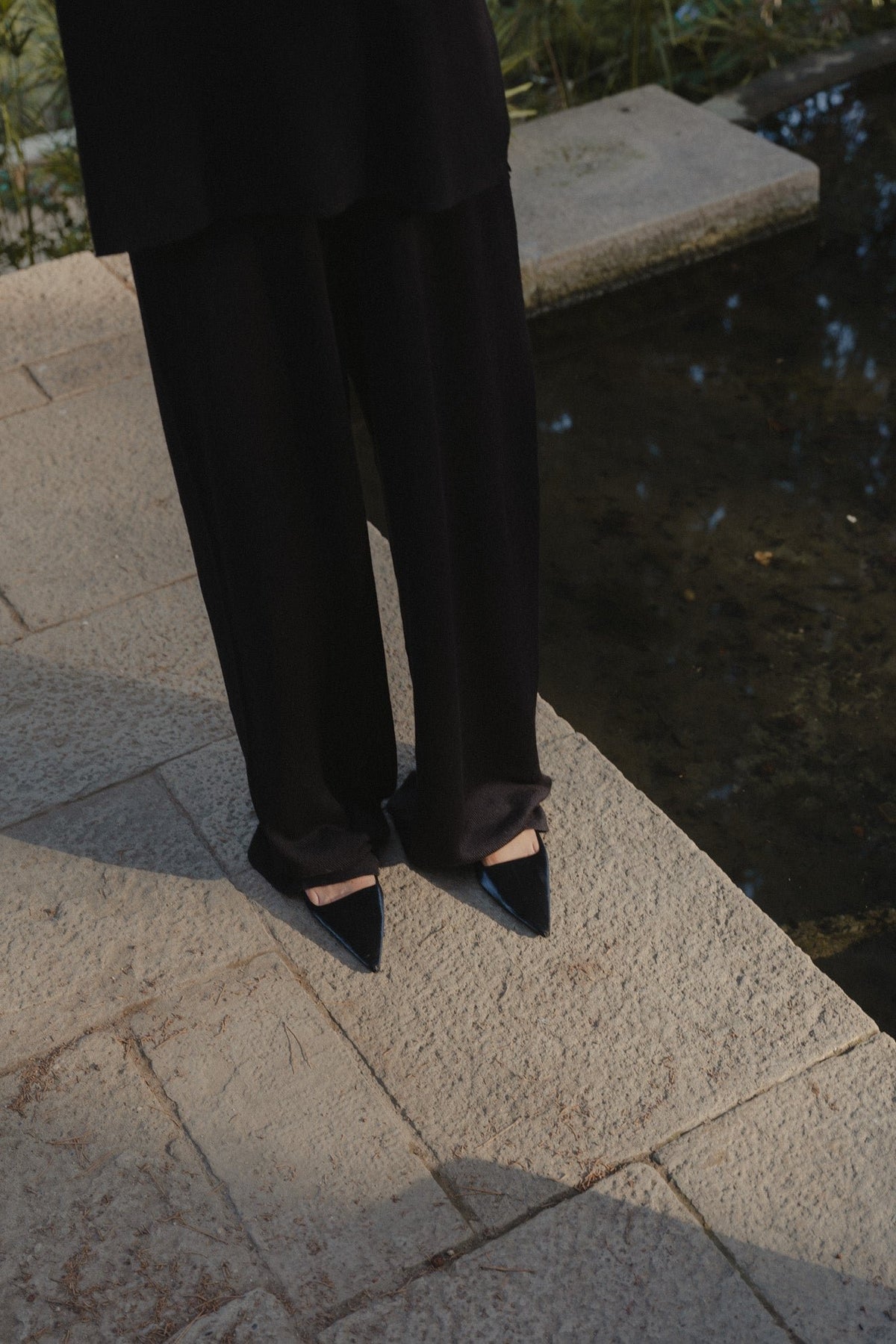 Avery Trousers in Black, baby alpaca wide-leg knit trousers by Ahblo, fabric detail